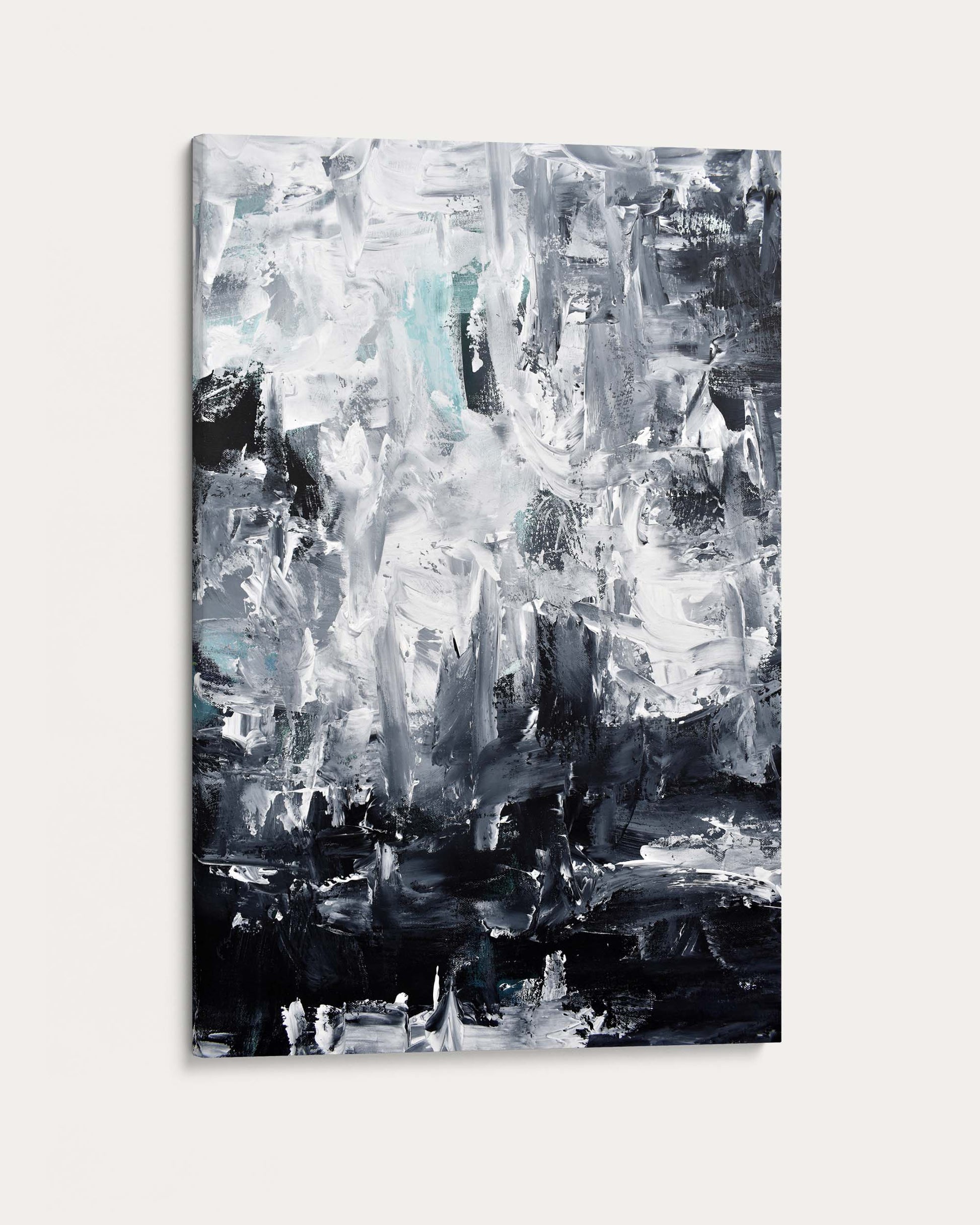 Abstract art painting in black, white, and gray on a white background