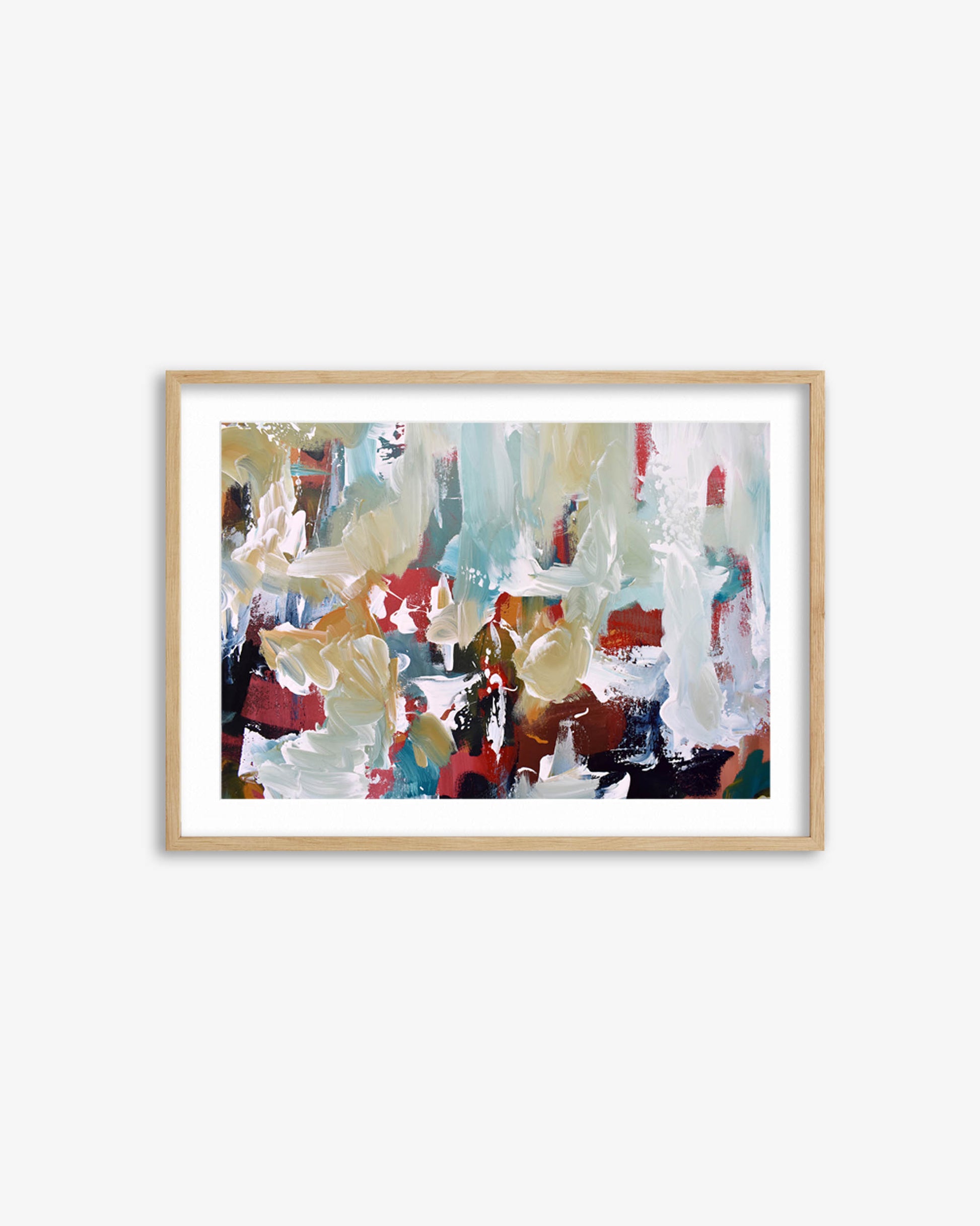 Framed abstract art print with colorful brush strokes on a white background