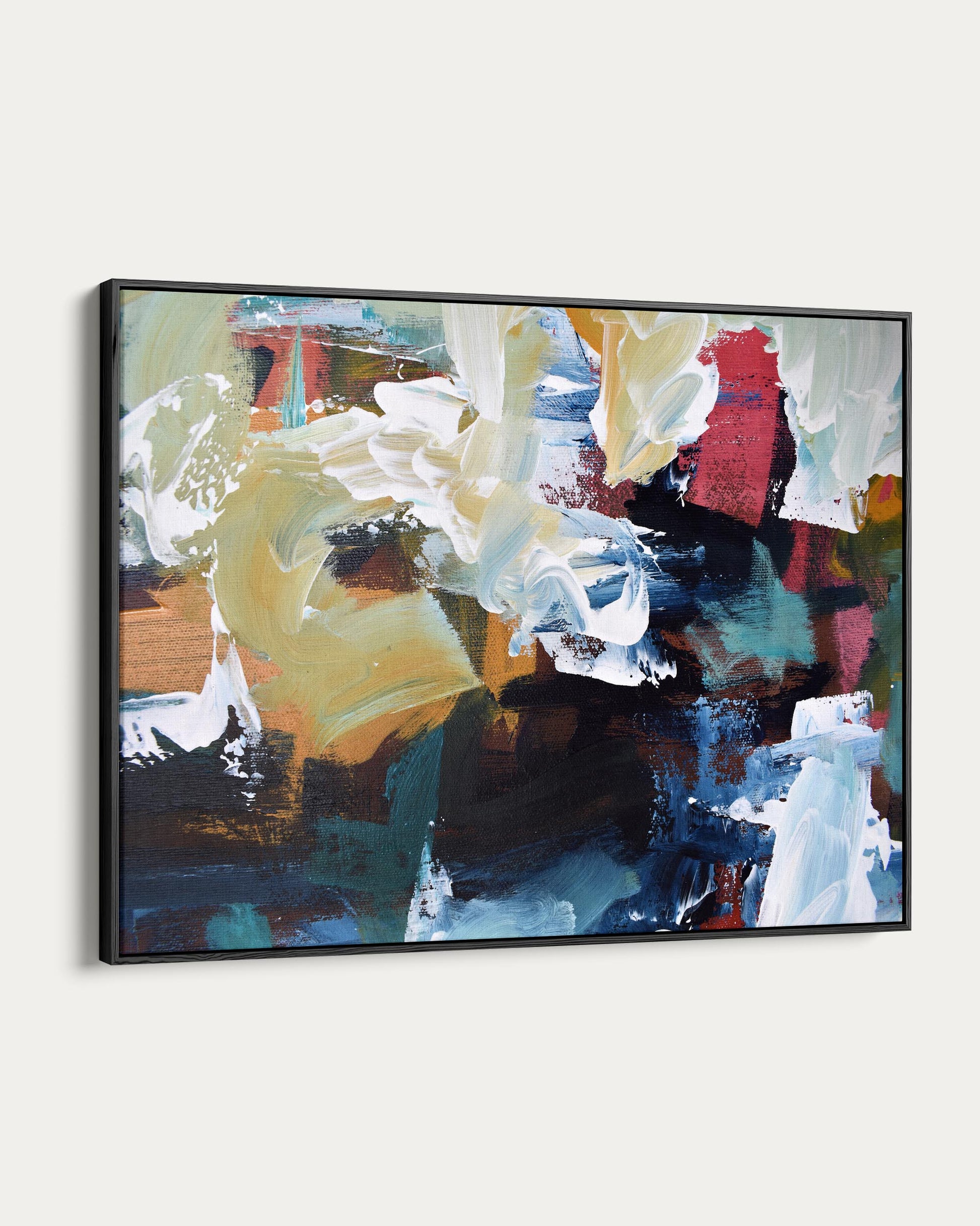 Abstract art painting with colorful brush strokes on a white wall