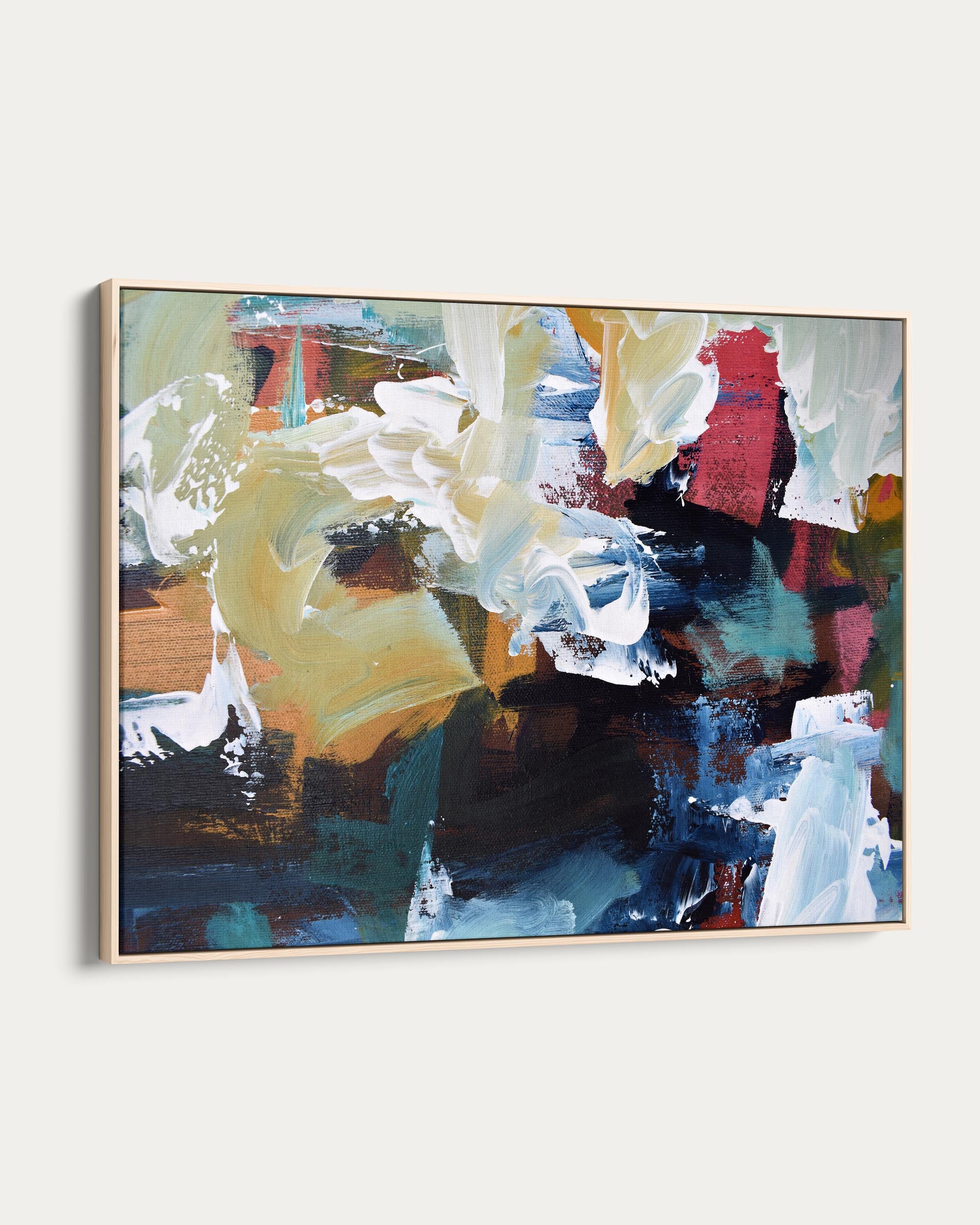 Abstract art painting with colorful abstract design on a white wall