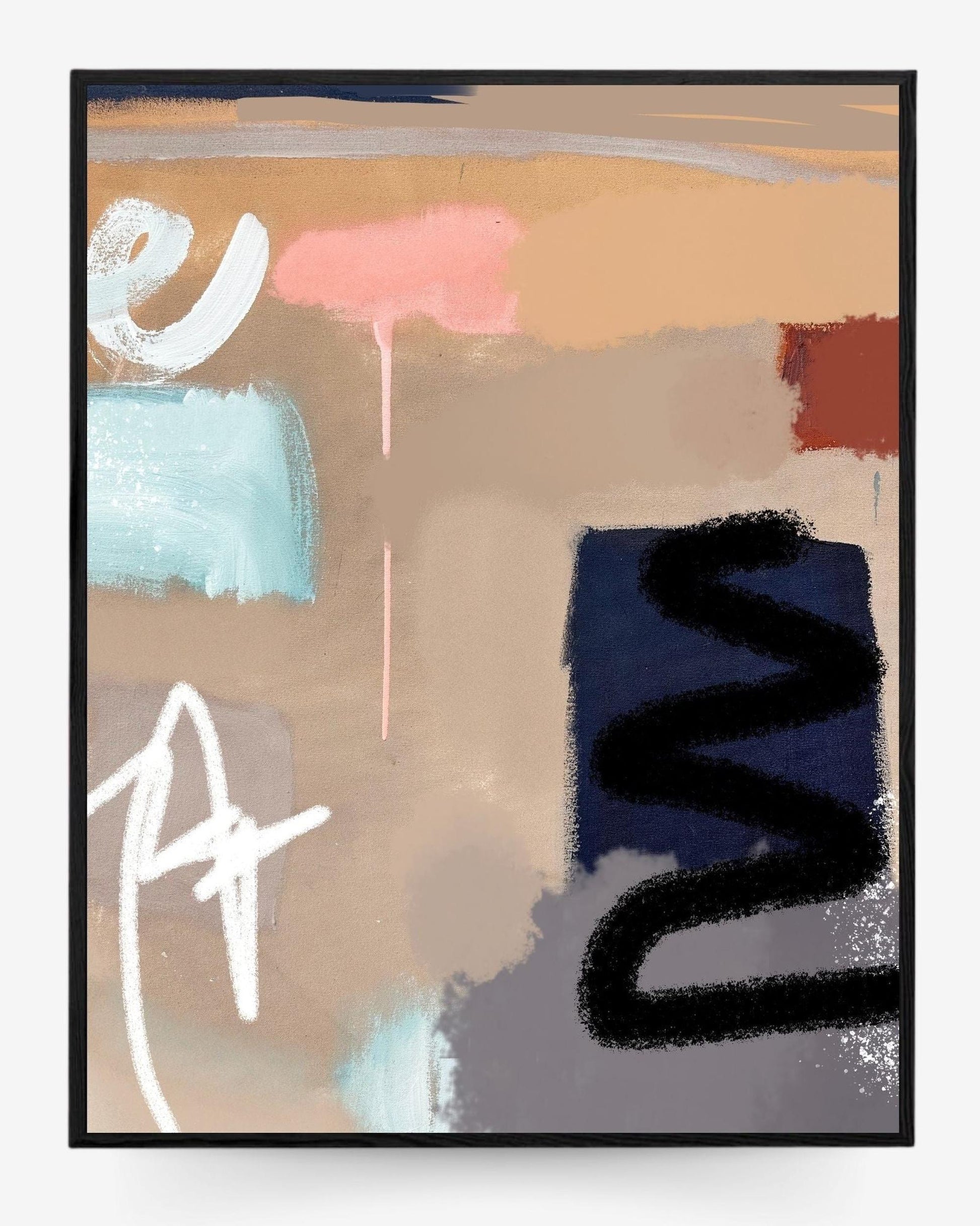 Abstract art print with colorful shapes on a beige background