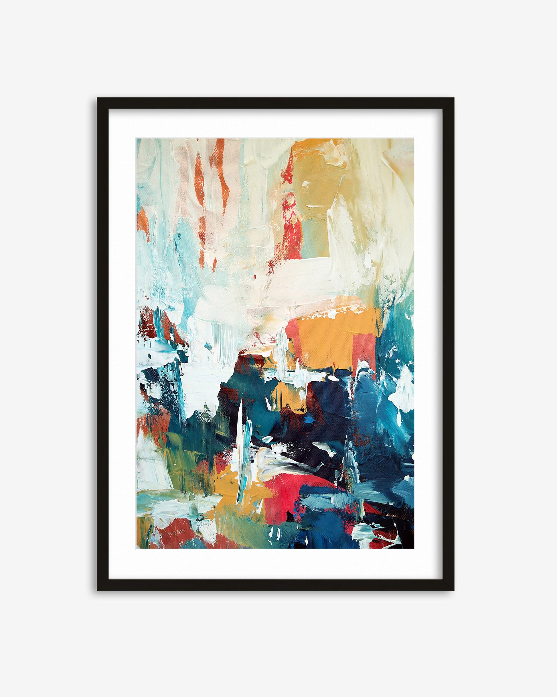 Framed abstract art print with colorful brush strokes on a white background