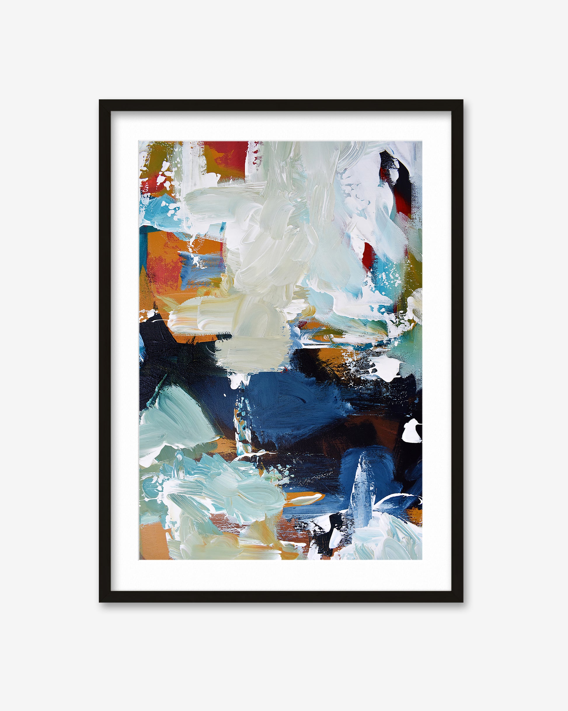 Framed abstract art print with colorful brush strokes on a white background