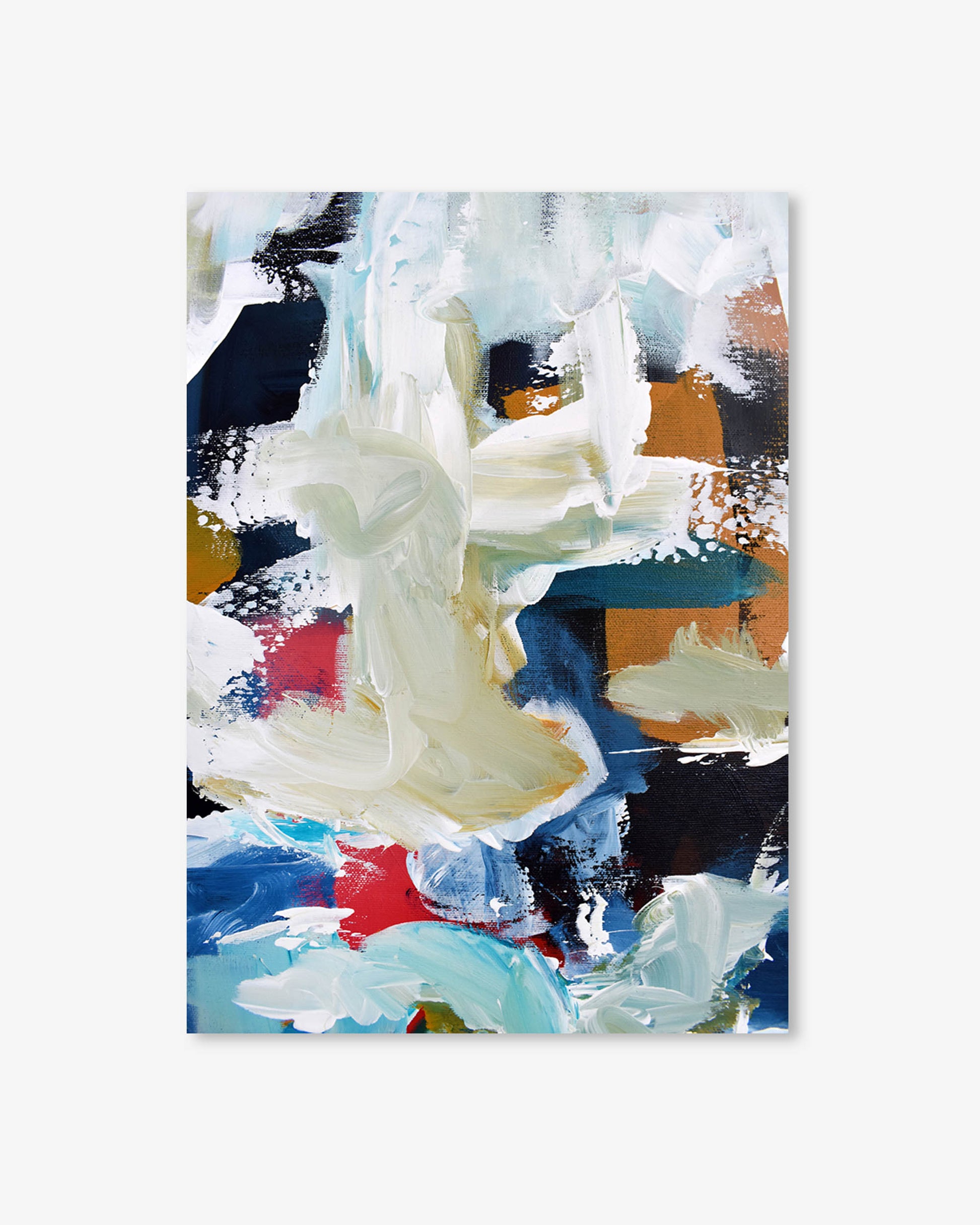 Abstract art print with a mix of white, blue, black, and red colors on a white background