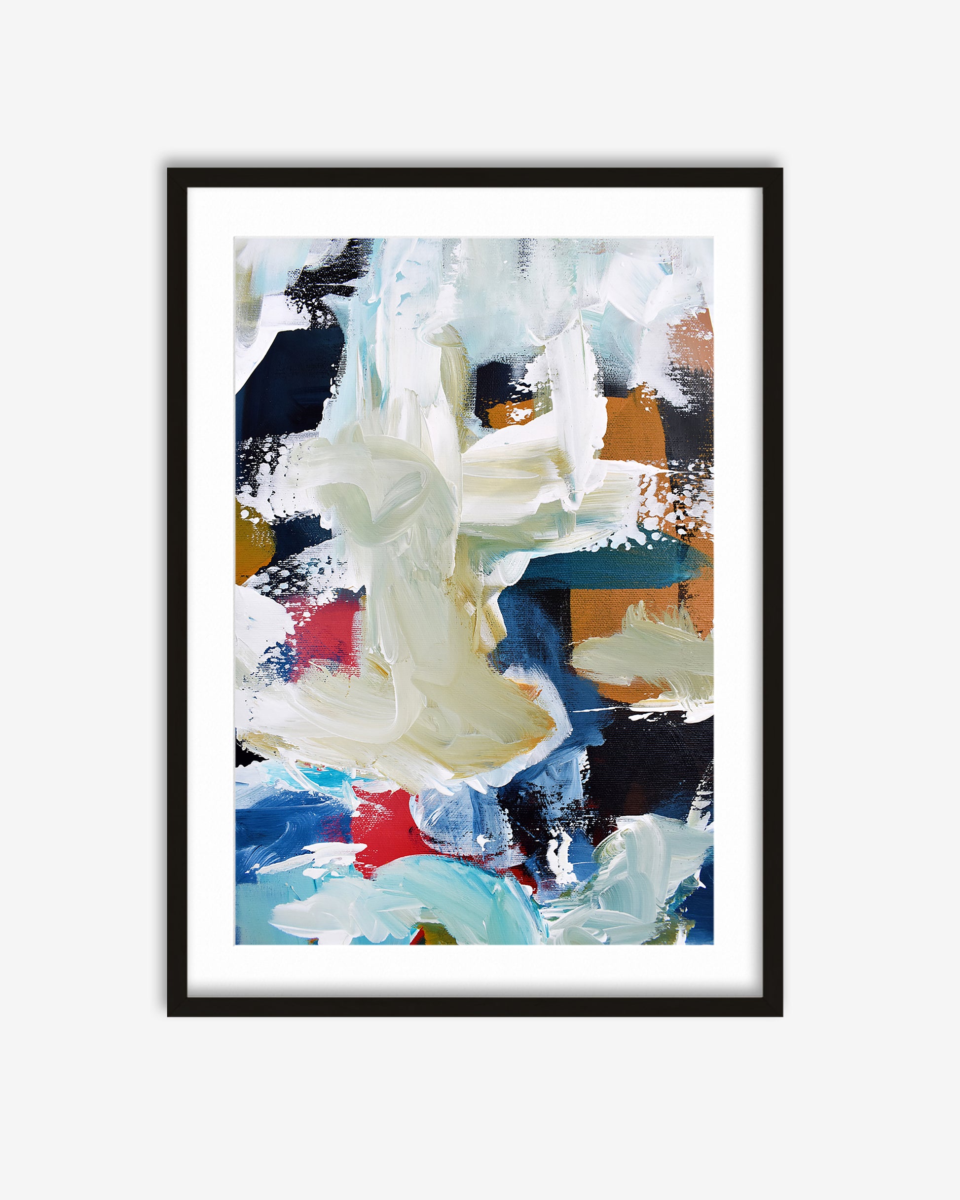 Framed abstract art print with colorful brush strokes on a white background
