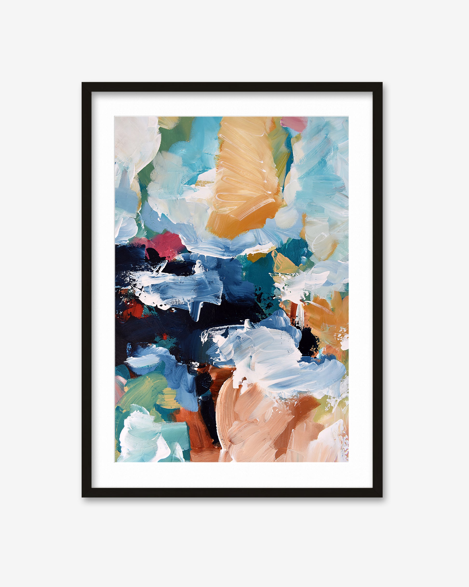 Framed abstract art print with colorful brush strokes on a white background