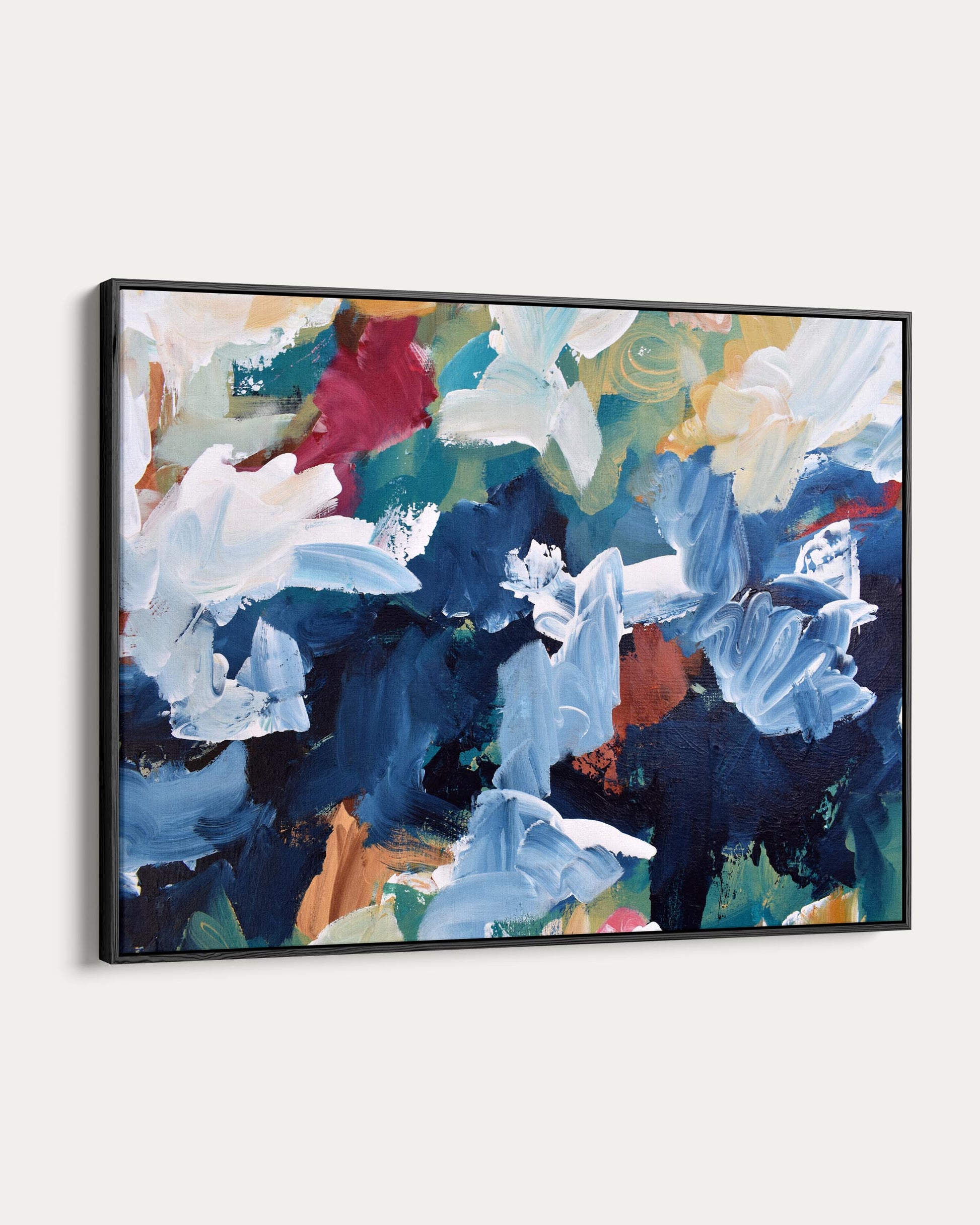 Abstract art painting with blue, white, and red colors on a white background