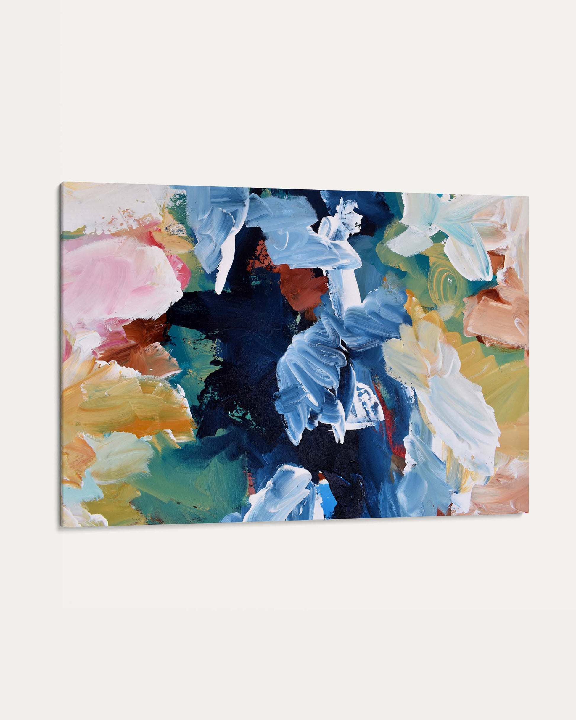 Abstract painting with colorful floral design on a white background