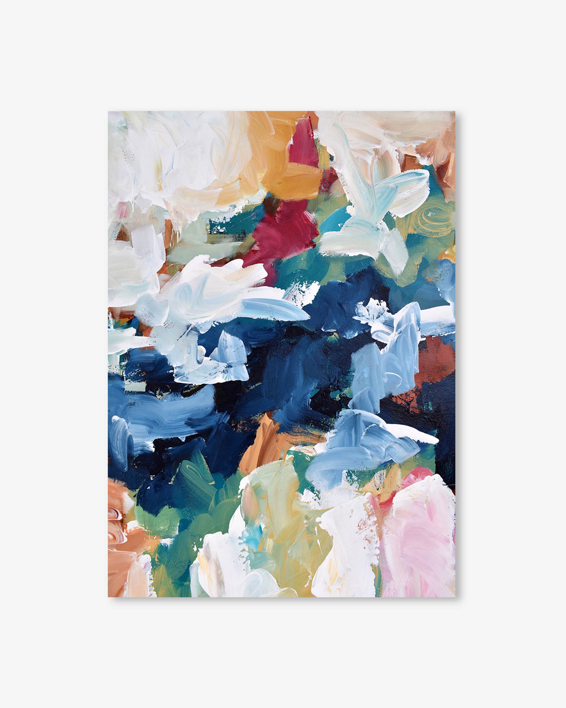 Abstract painting with colorful floral design on a white background