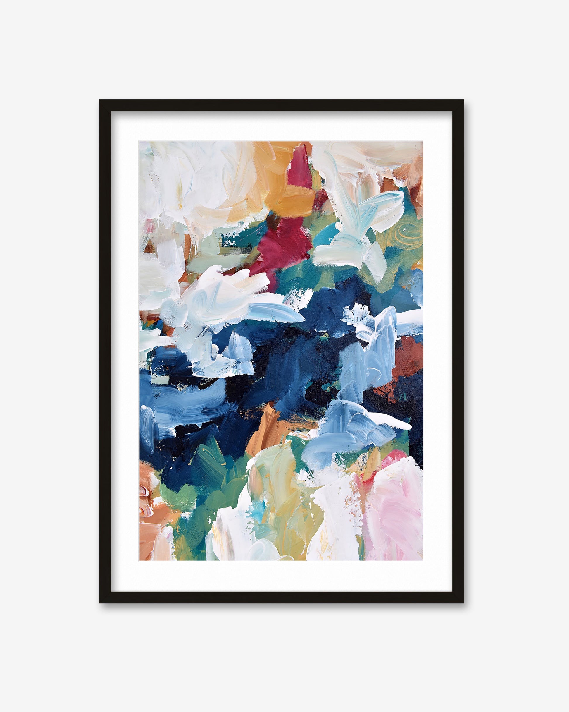 Framed abstract art print with colorful brush strokes on a white background