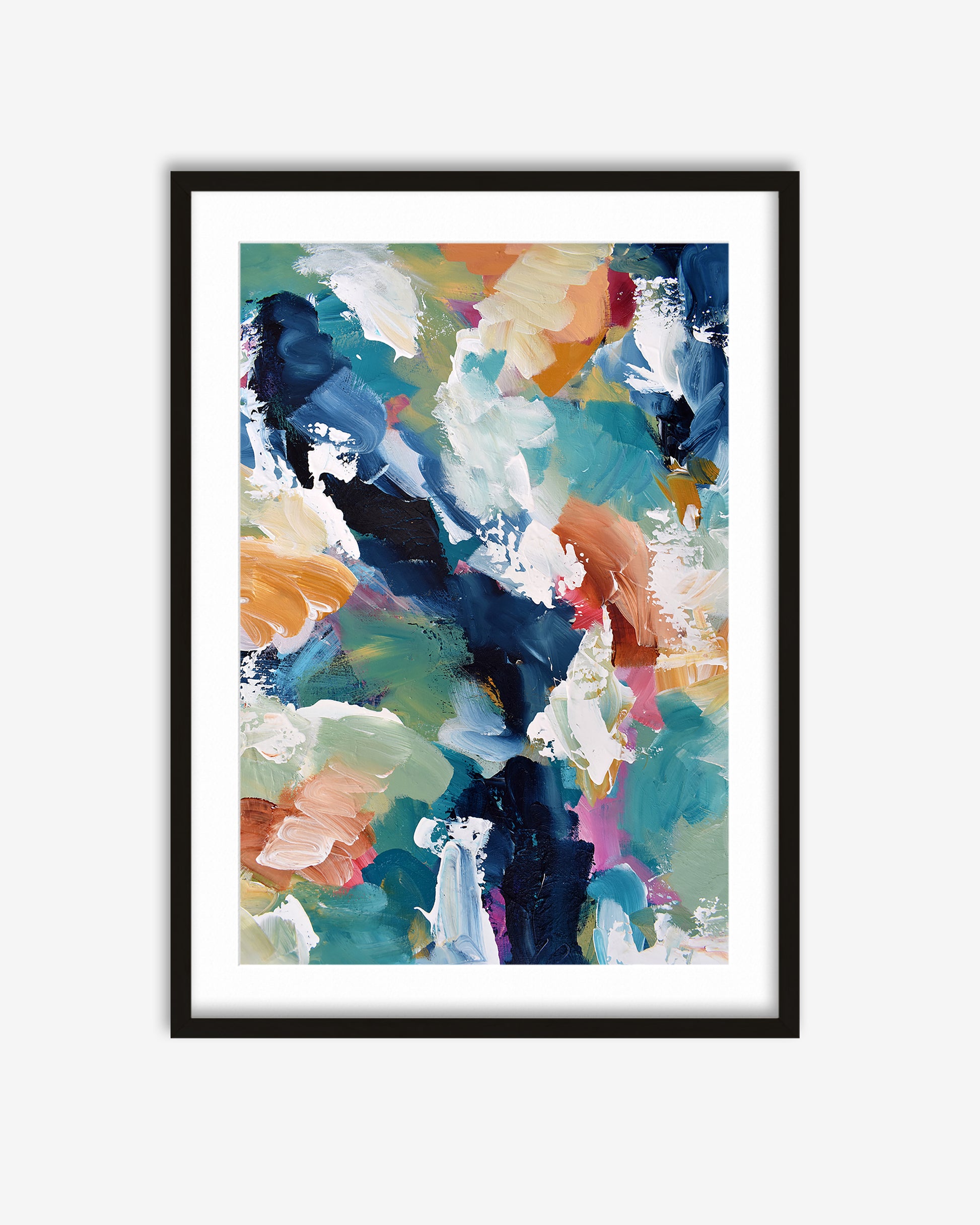 Framed abstract art print with colorful brush strokes on a white background