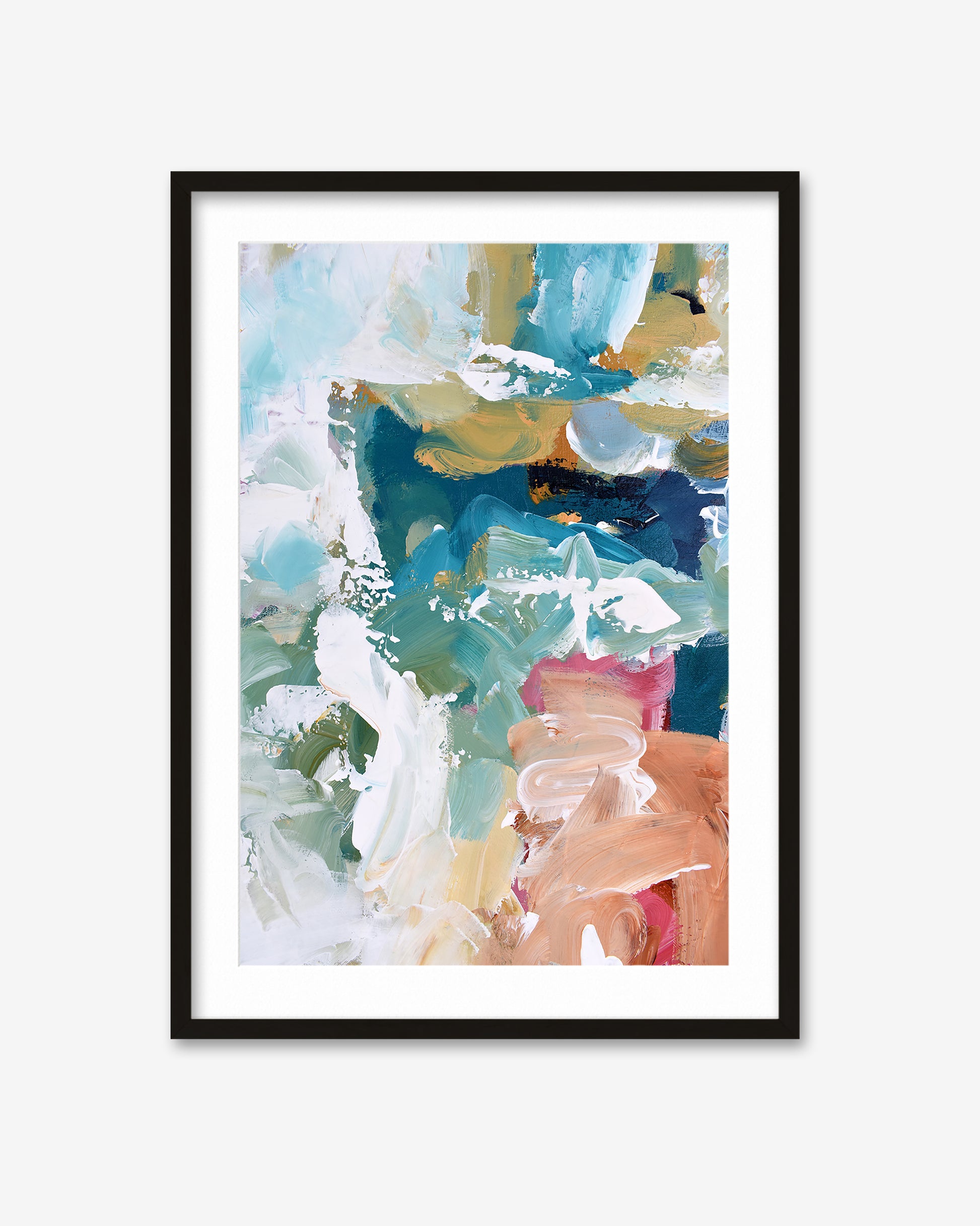Framed abstract art print with colorful brush strokes on a white background