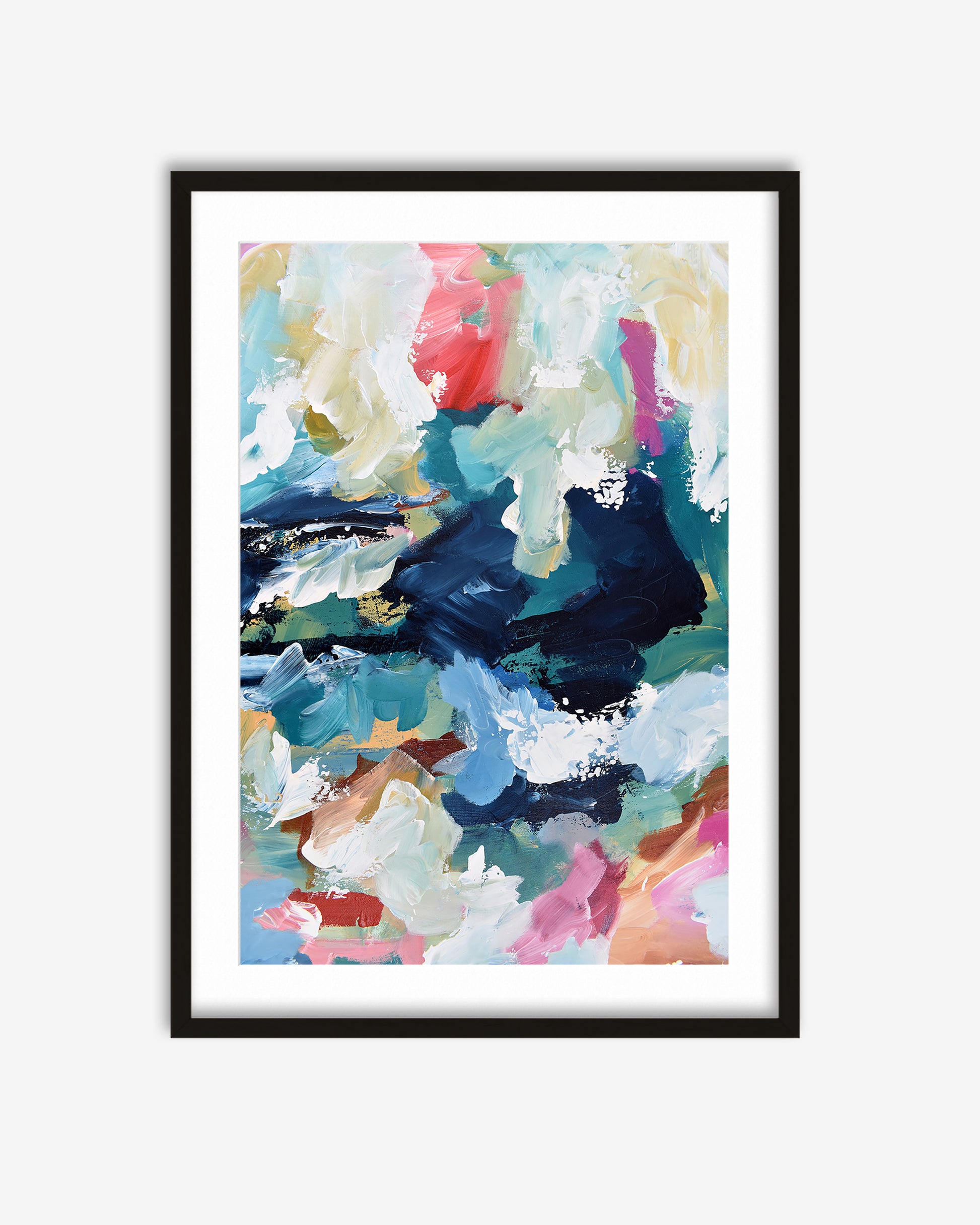 Framed abstract art print with colorful brush strokes on a white background