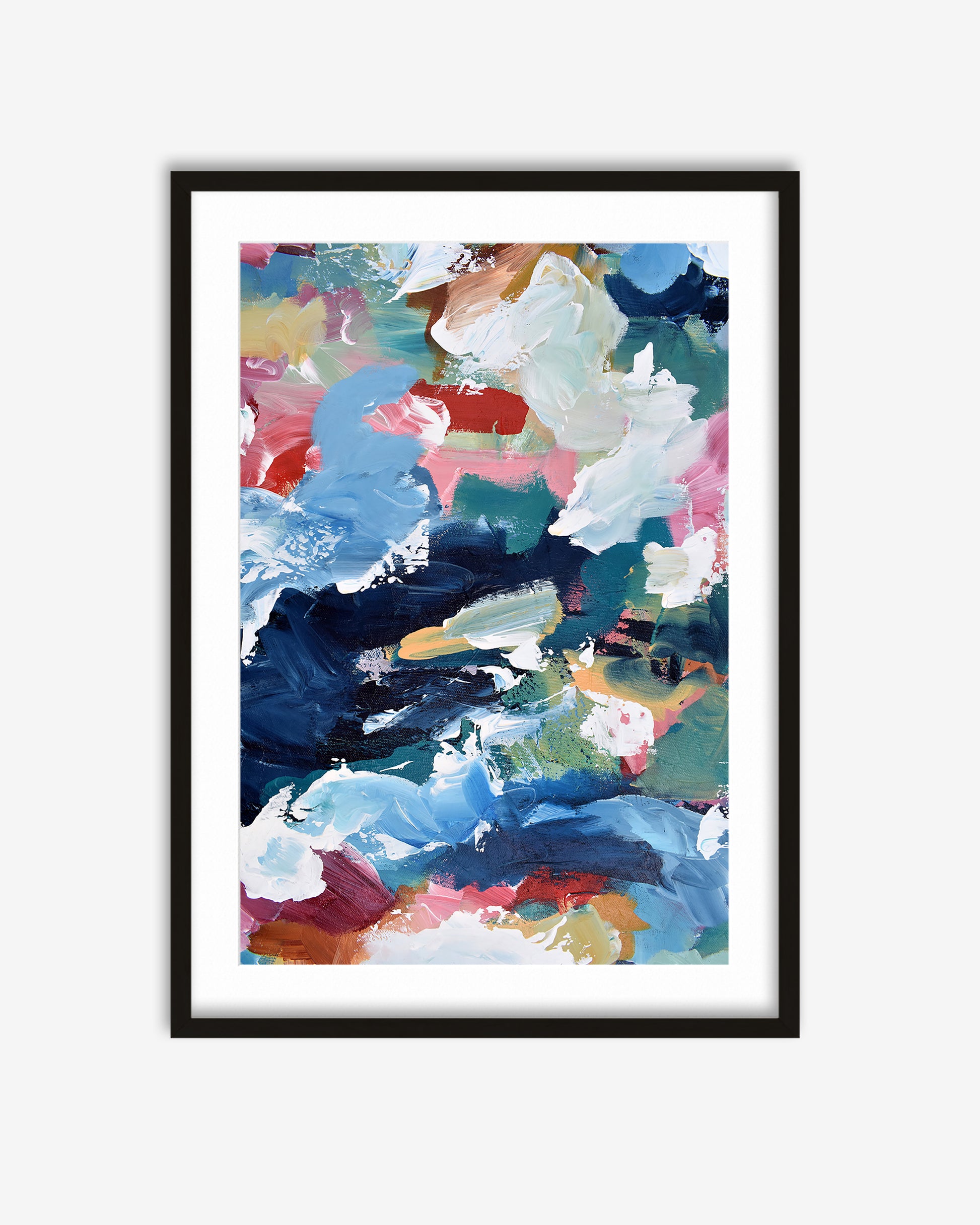 Framed abstract art print with colorful brush strokes on a white background