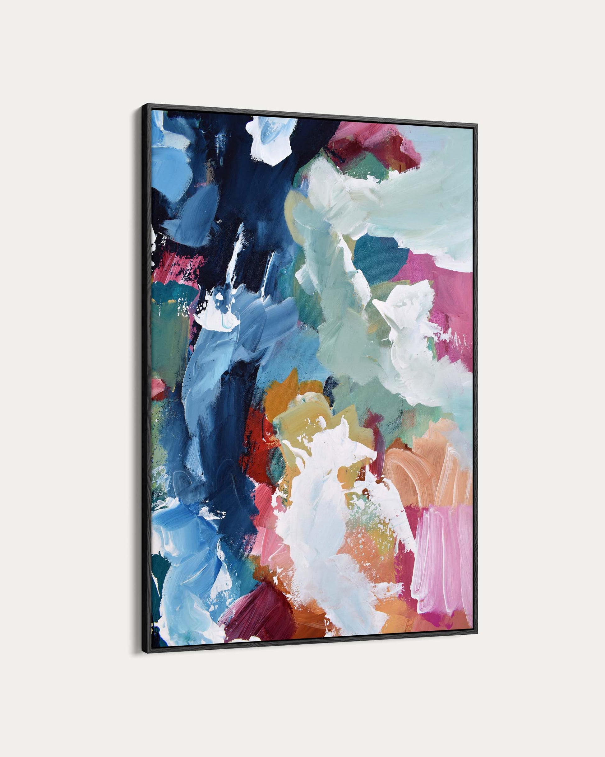 Abstract art painting with colorful splashes on a white background