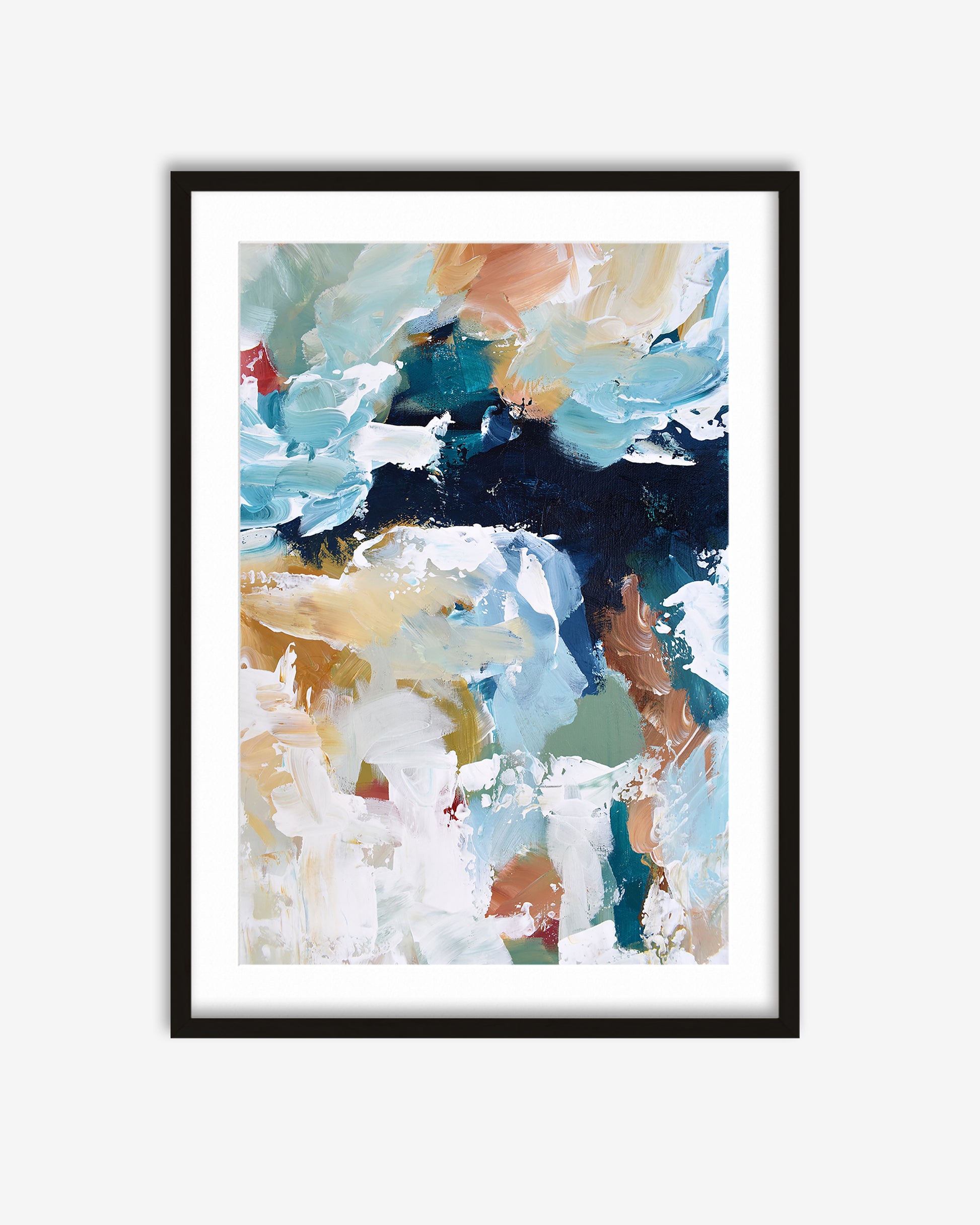 Framed abstract art print with multicolored brush strokes on a white background