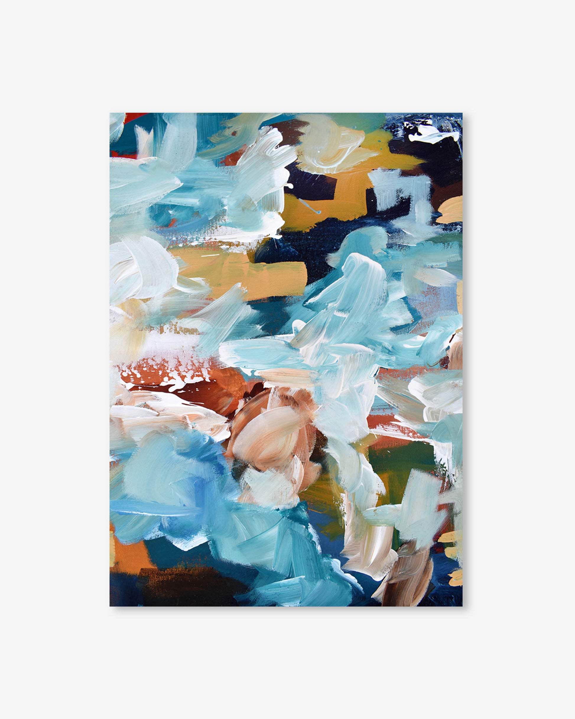 Abstract painting with a mix of blue, yellow, and white colors on a white background