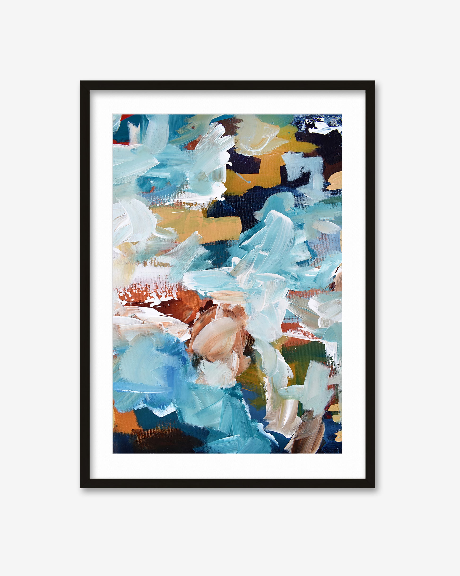Framed abstract art with colorful brush strokes on a white background
