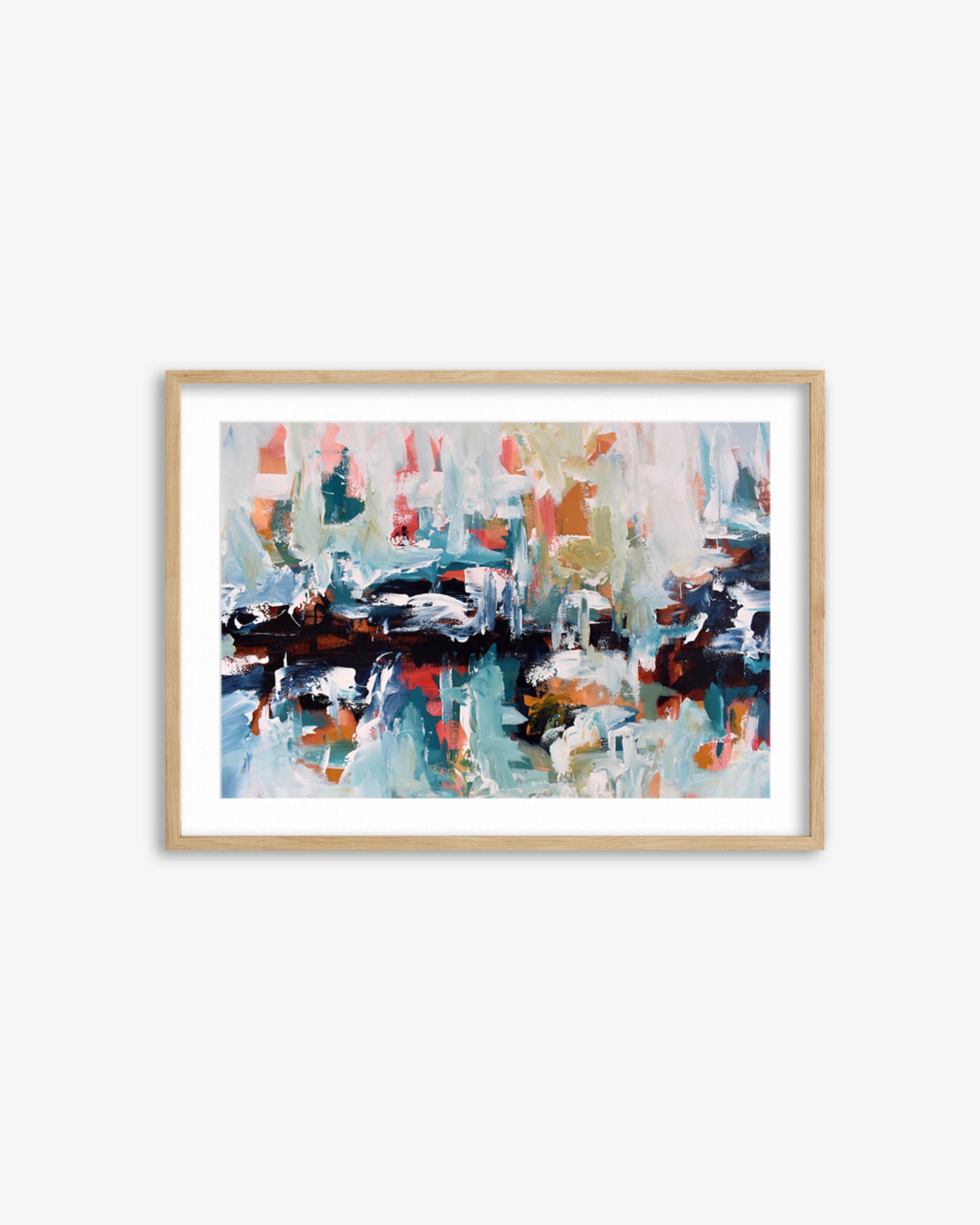 Framed abstract painting with multicolor palette on a white background