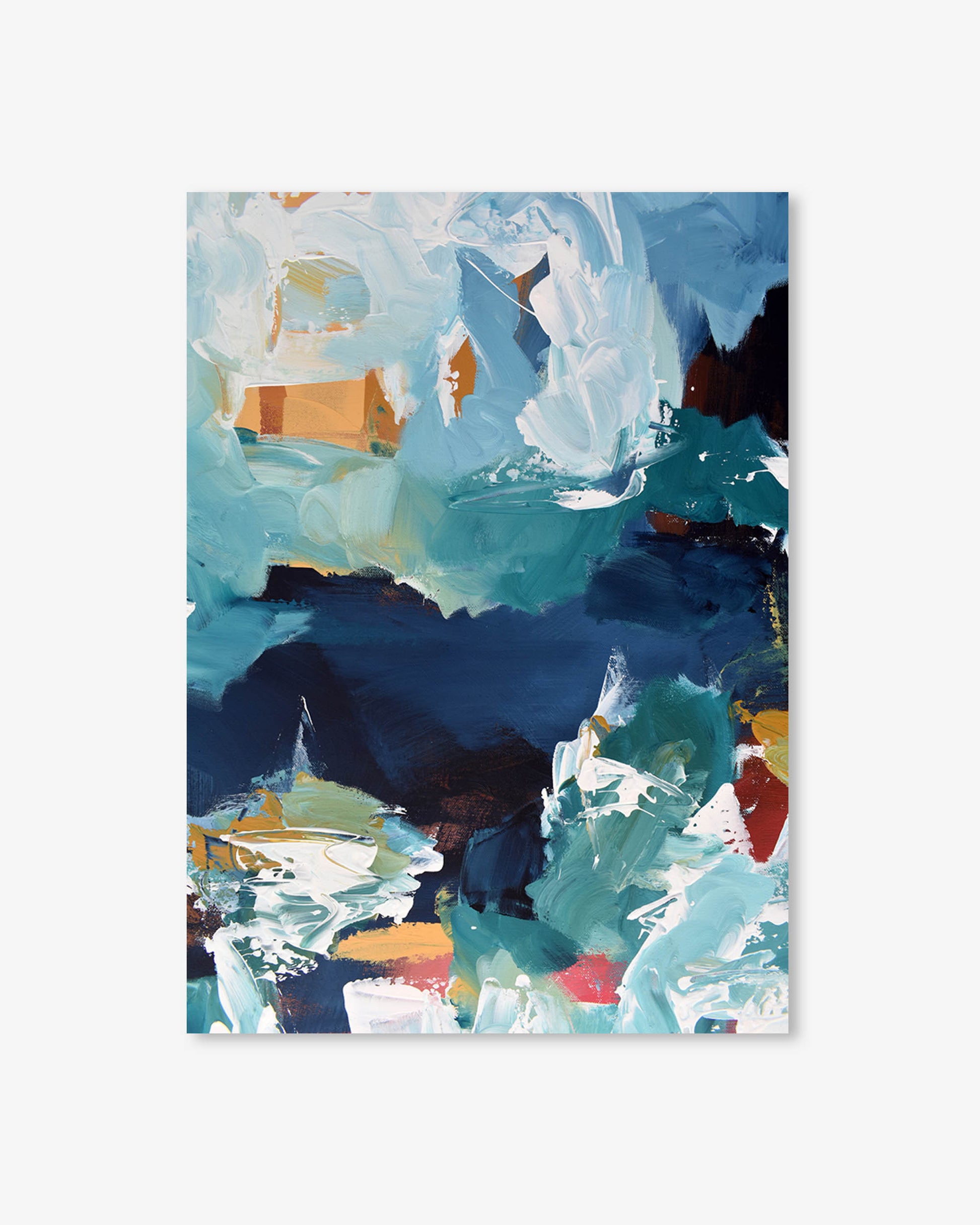 Abstract art print with blue, green, and orange colors on a white background