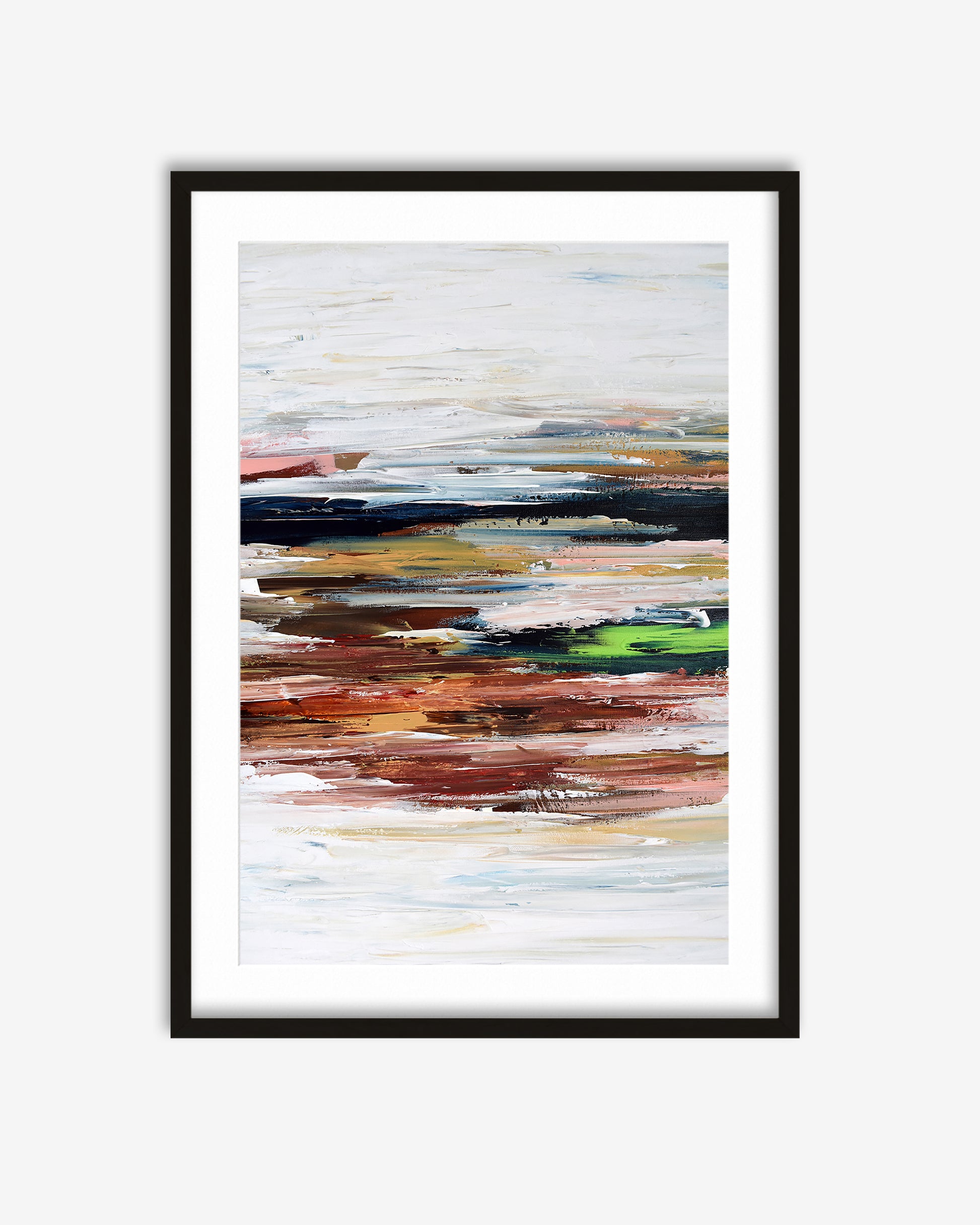 Framed abstract art print with horizontal brush strokes on a white background