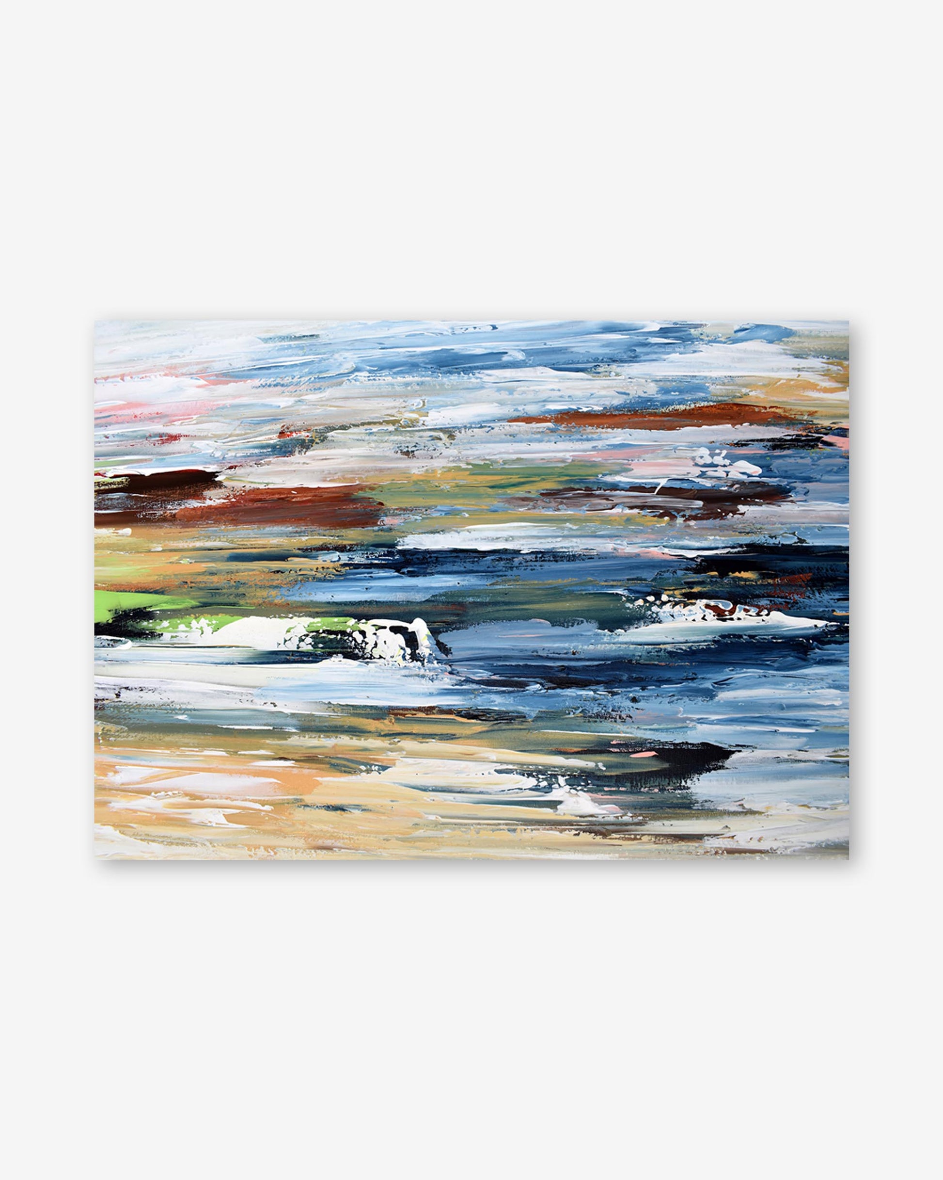 Abstract painting with horizontal brush strokes in various colors on a white background
