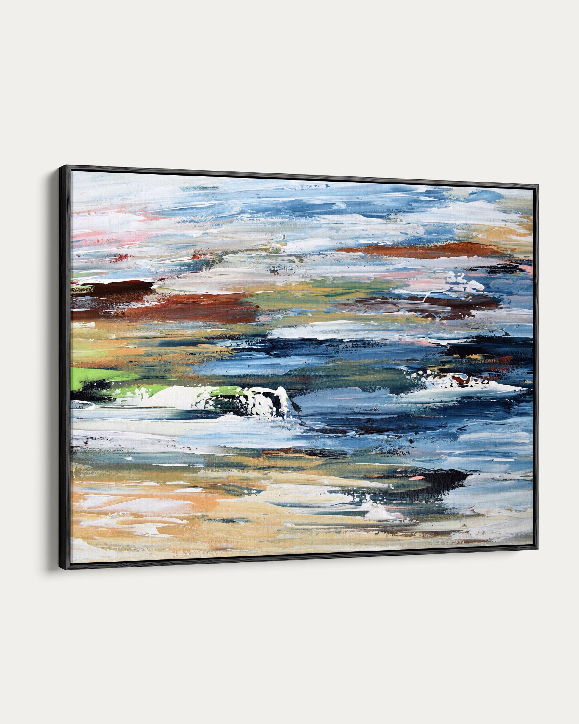 Abstract painting with colorful brush strokes in a black frame on a white background