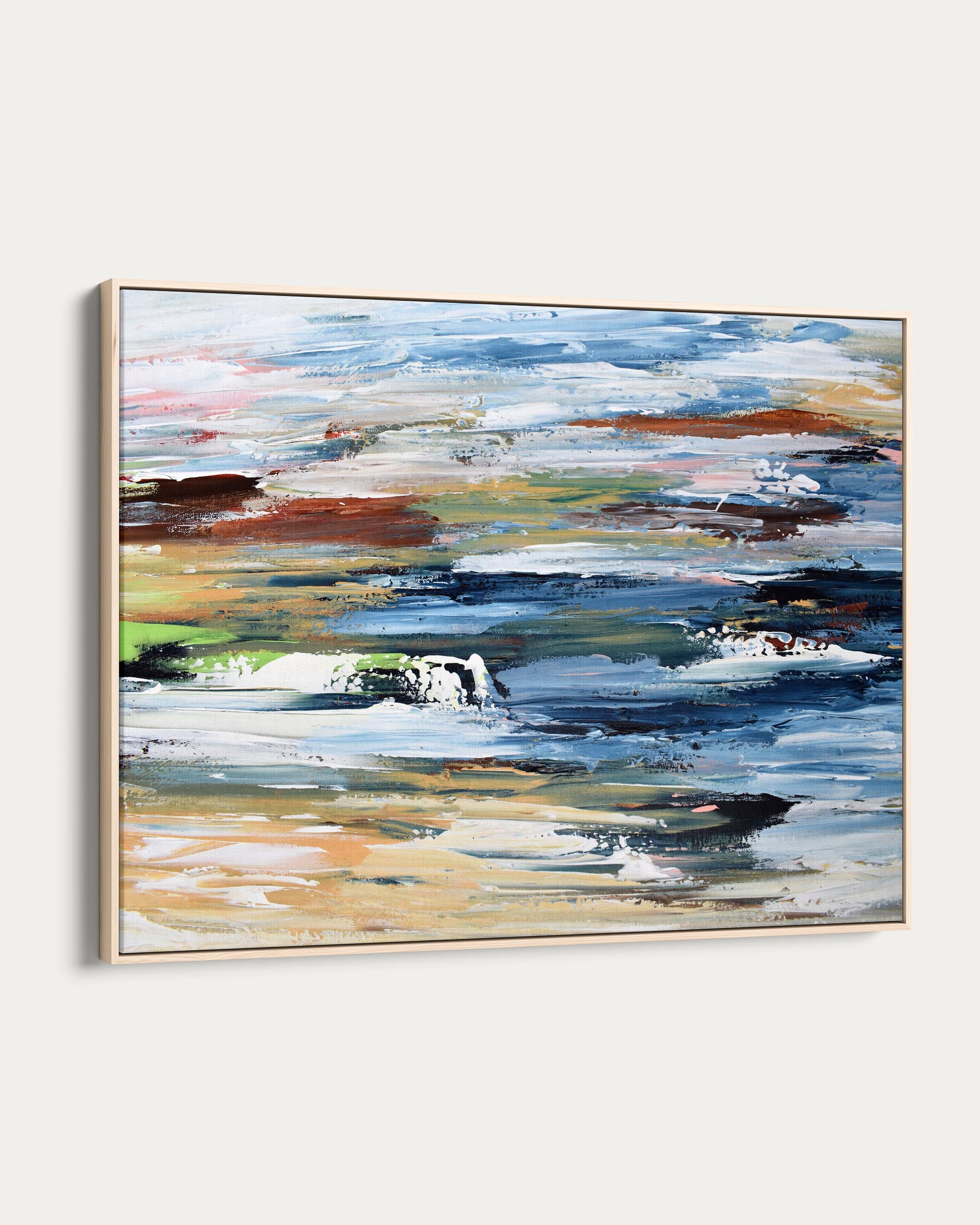 Abstract painting with a wooden frame on a white background