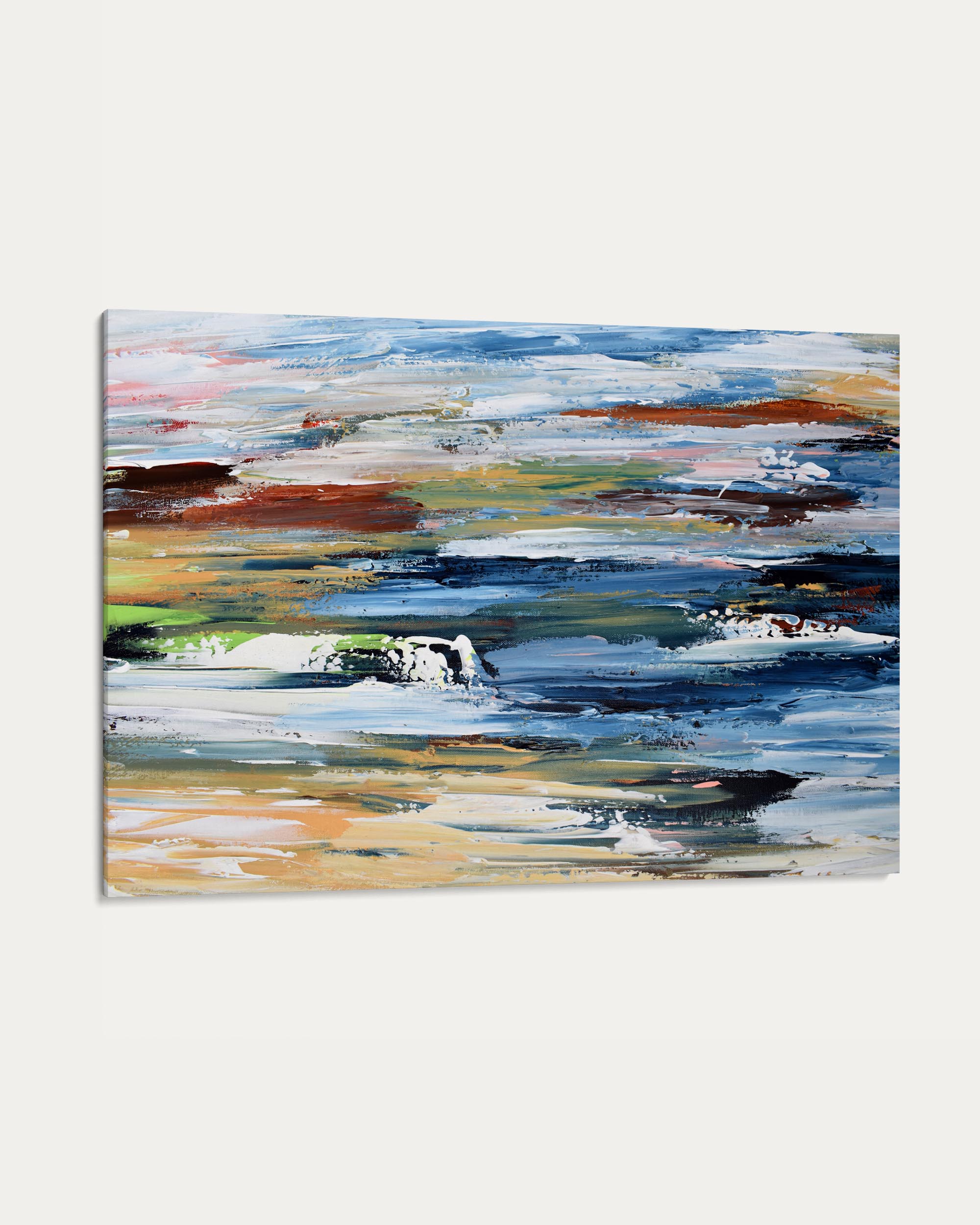 Abstract painting with horizontal brushstrokes in various colors on a white background