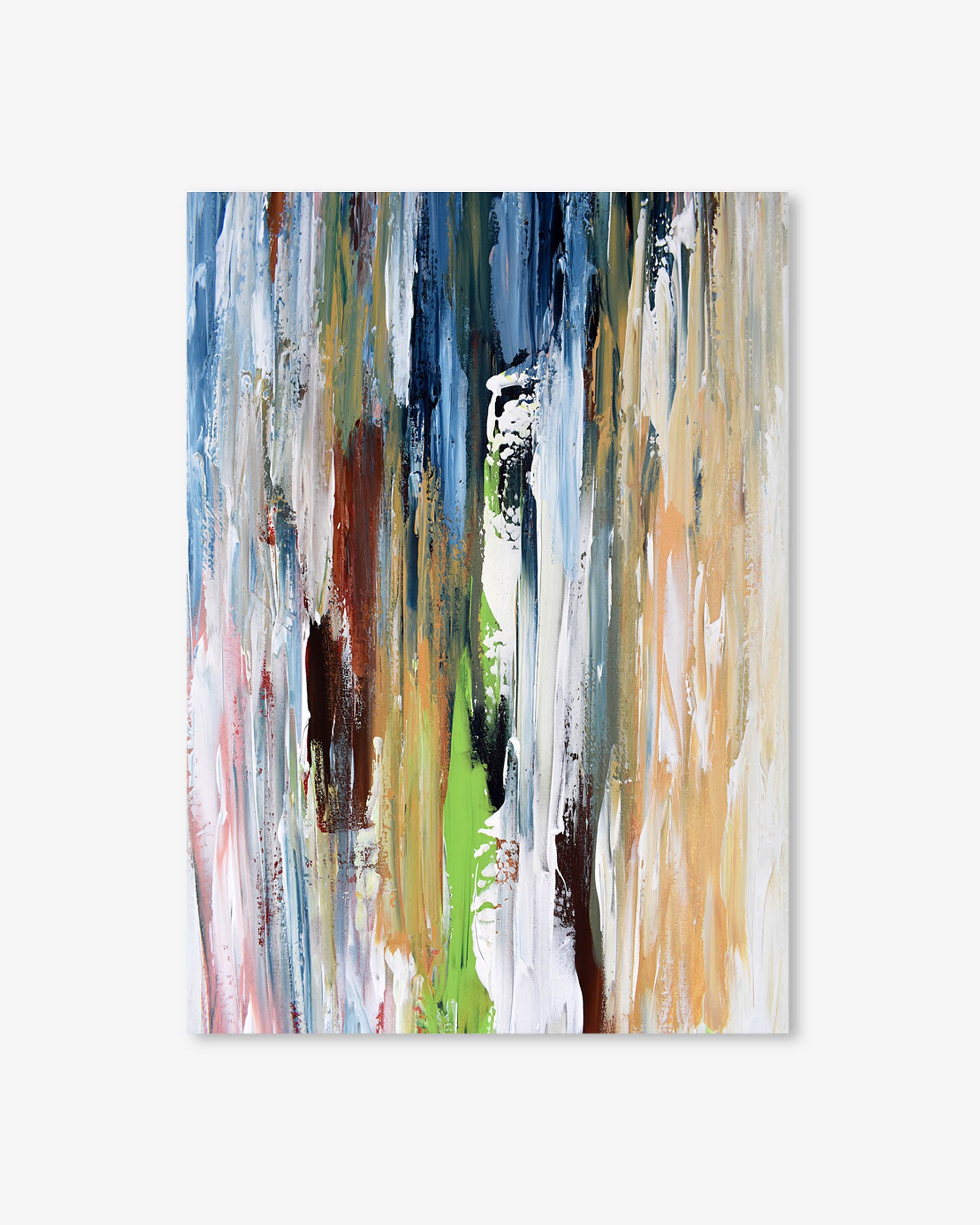 Abstract painting with horizontal brush strokes in various colors on a white background
