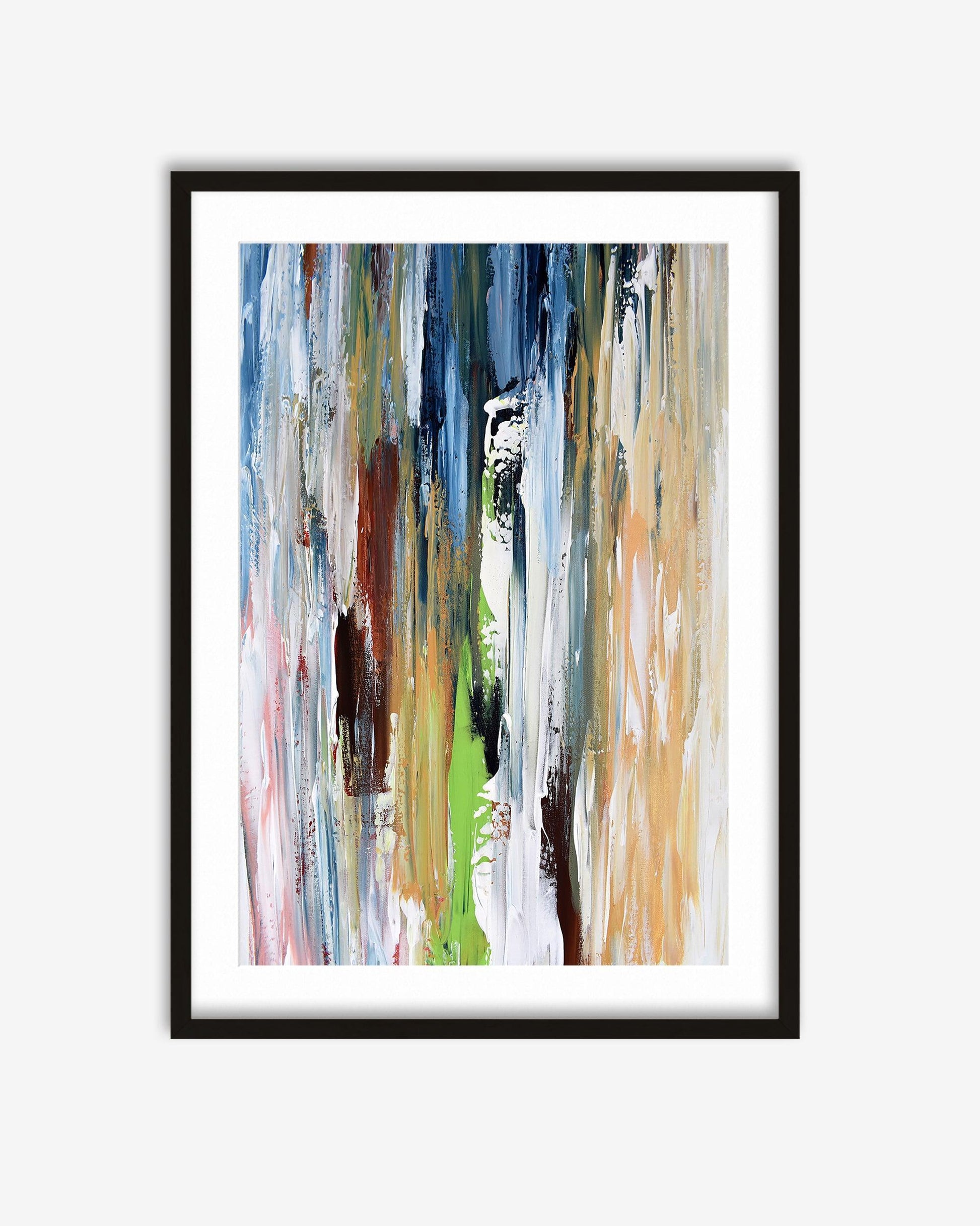 Framed abstract art print with multicolored brush strokes on a white background