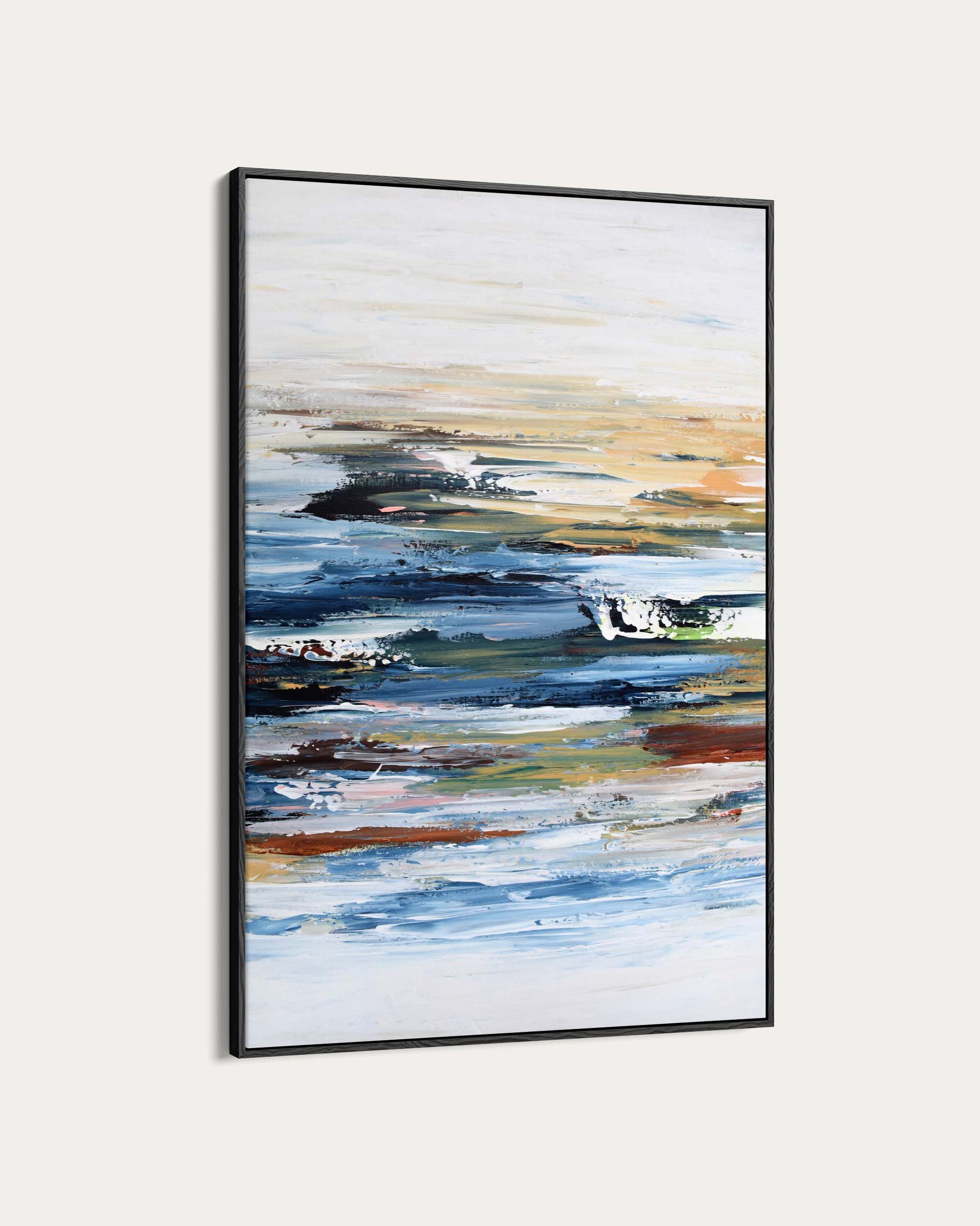 Framed abstract art with a colorful landscape design on a white background