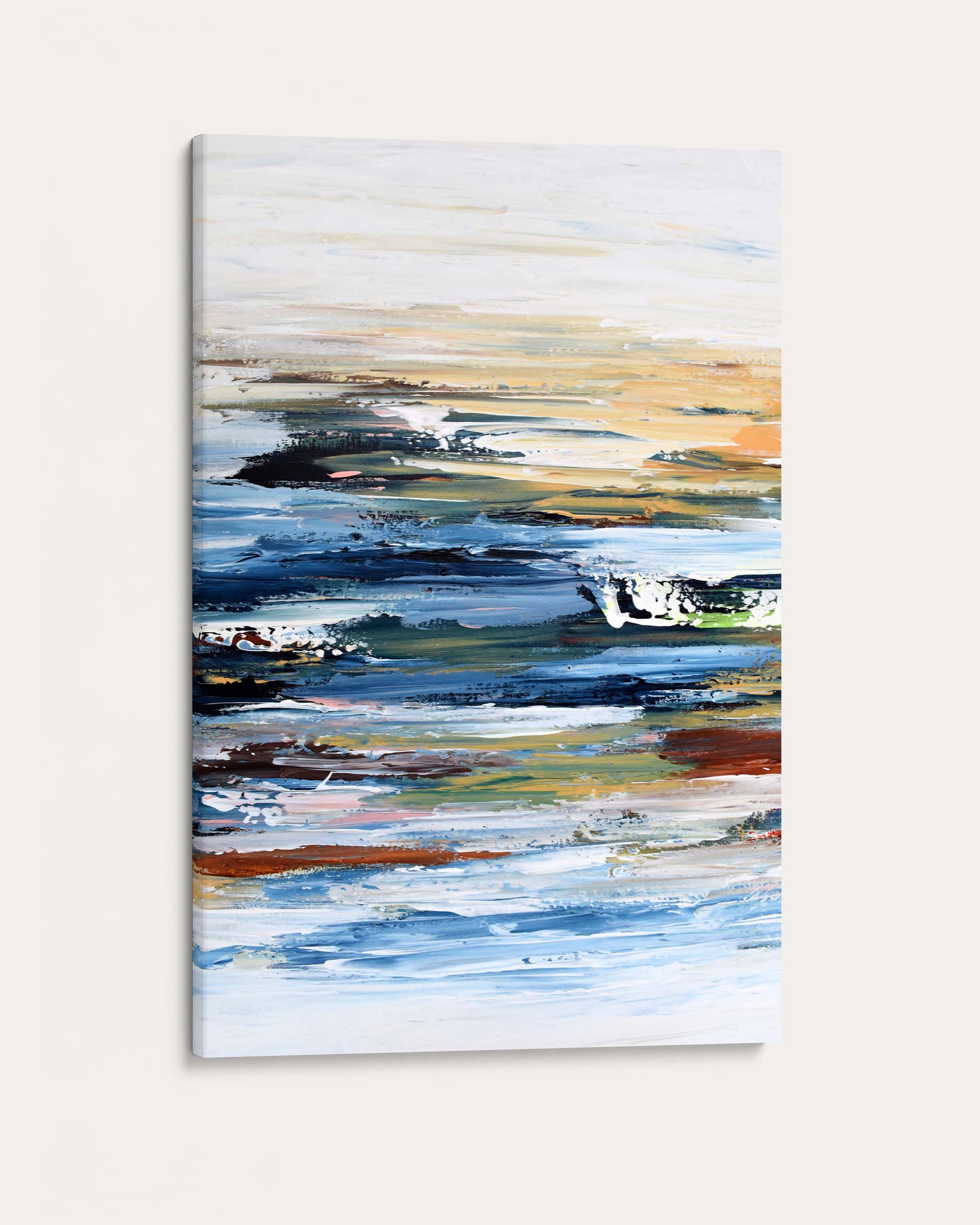 Abstract painting with horizontal brush strokes on a white background