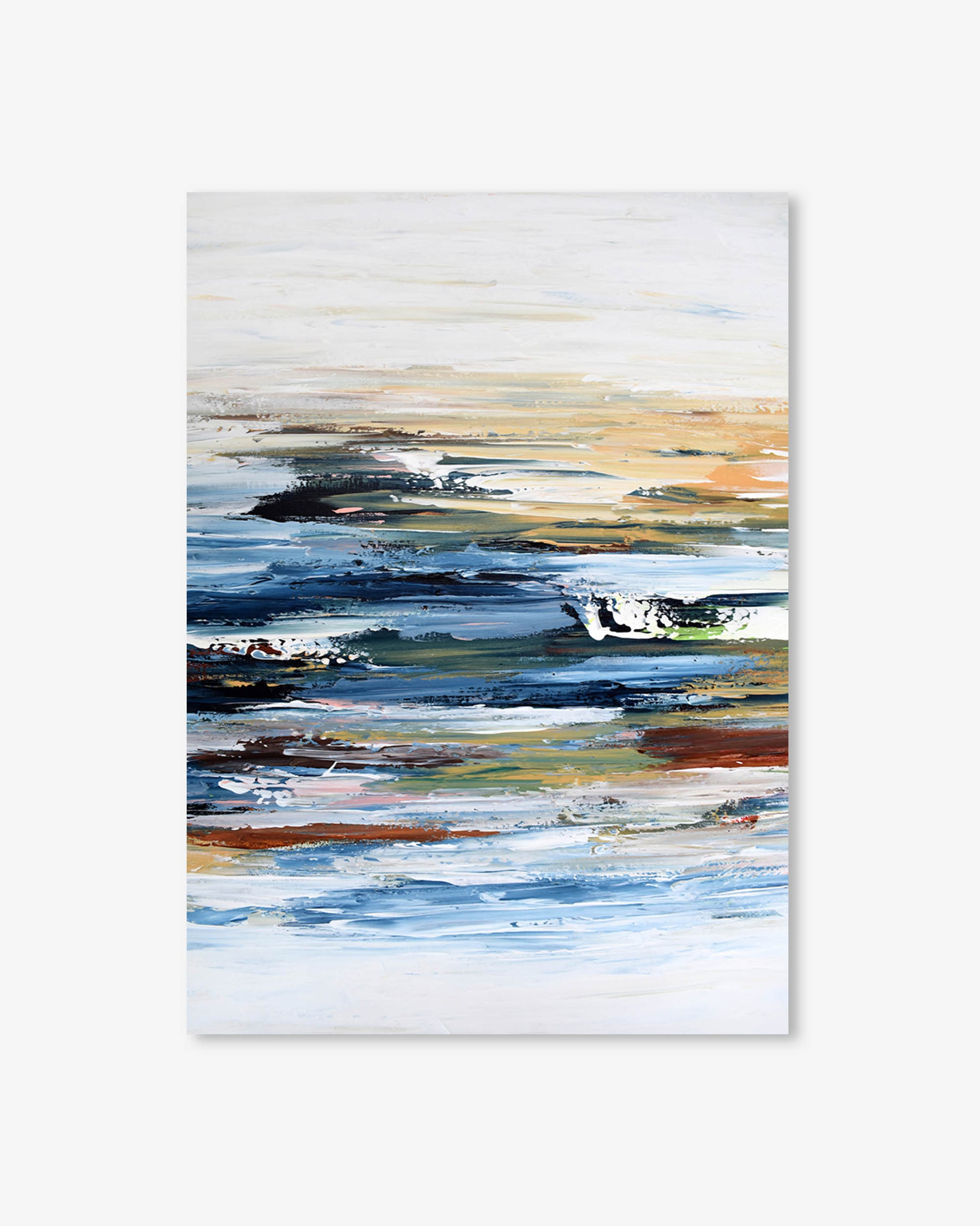 Abstract art print with horizontal brush strokes in various colors on a white background