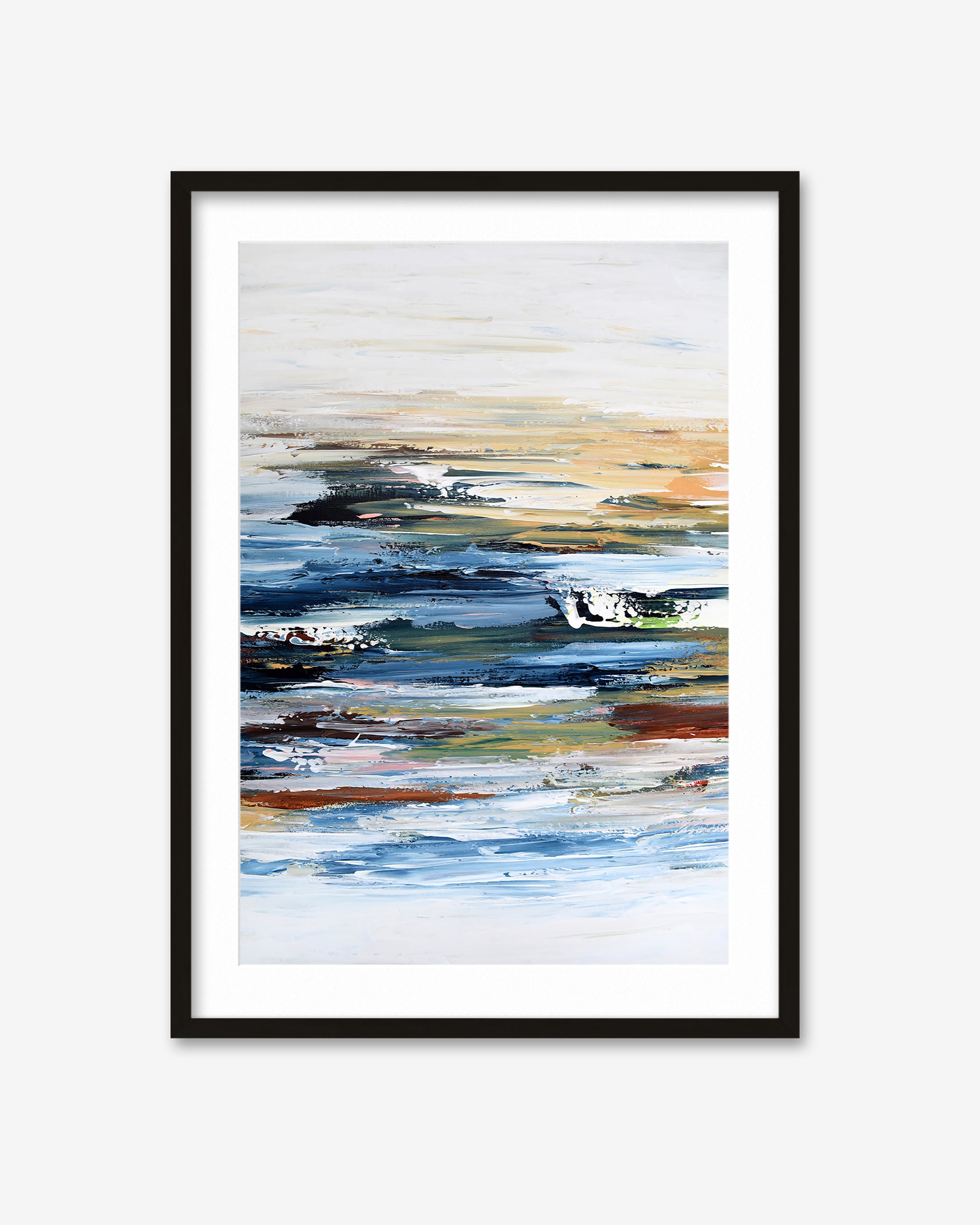 Framed abstract art print with horizontal brush strokes on a white background