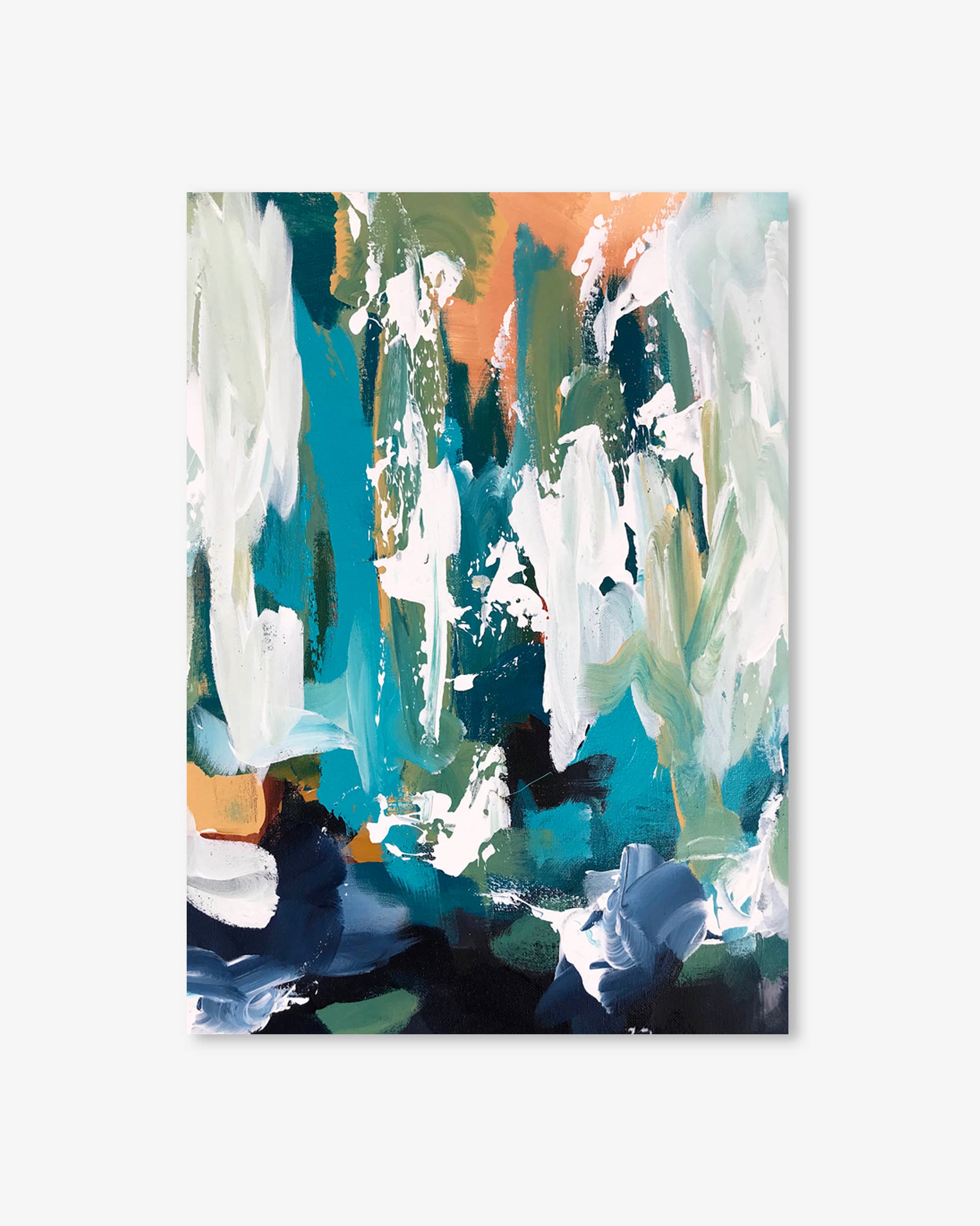 Abstract art print with splashes of blue, green, and white on a white background