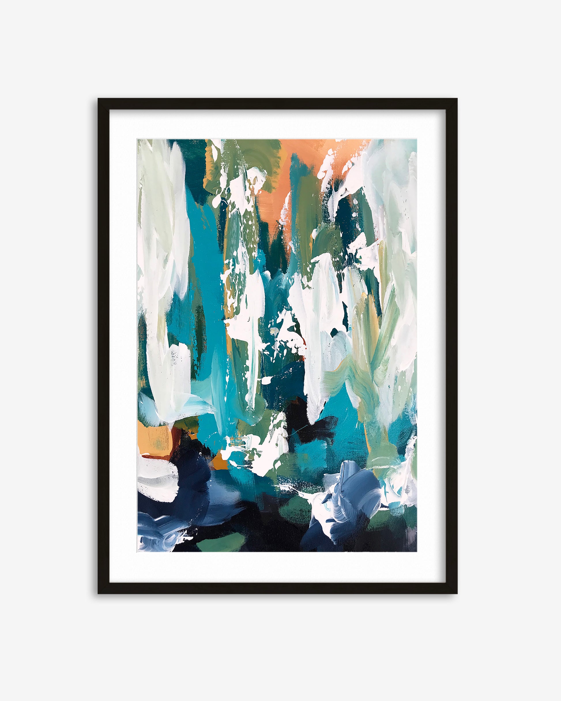 Framed abstract art print with colorful brush strokes on a white background