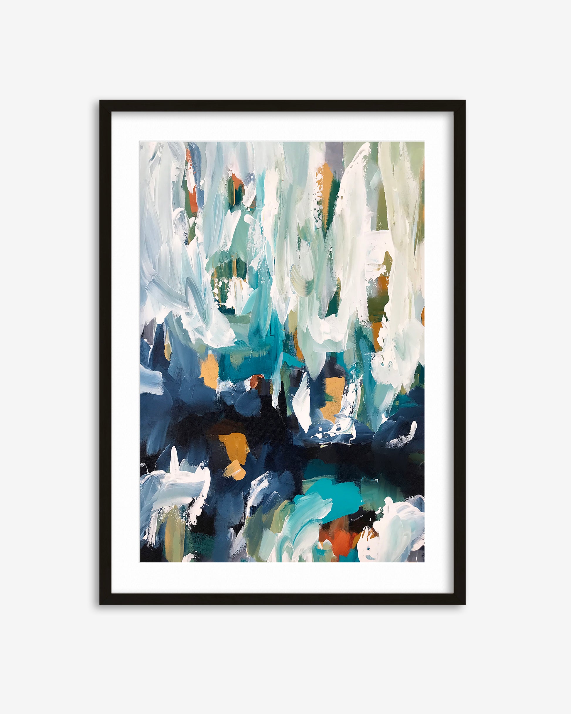 Framed abstract art print with colorful brush strokes on a white background