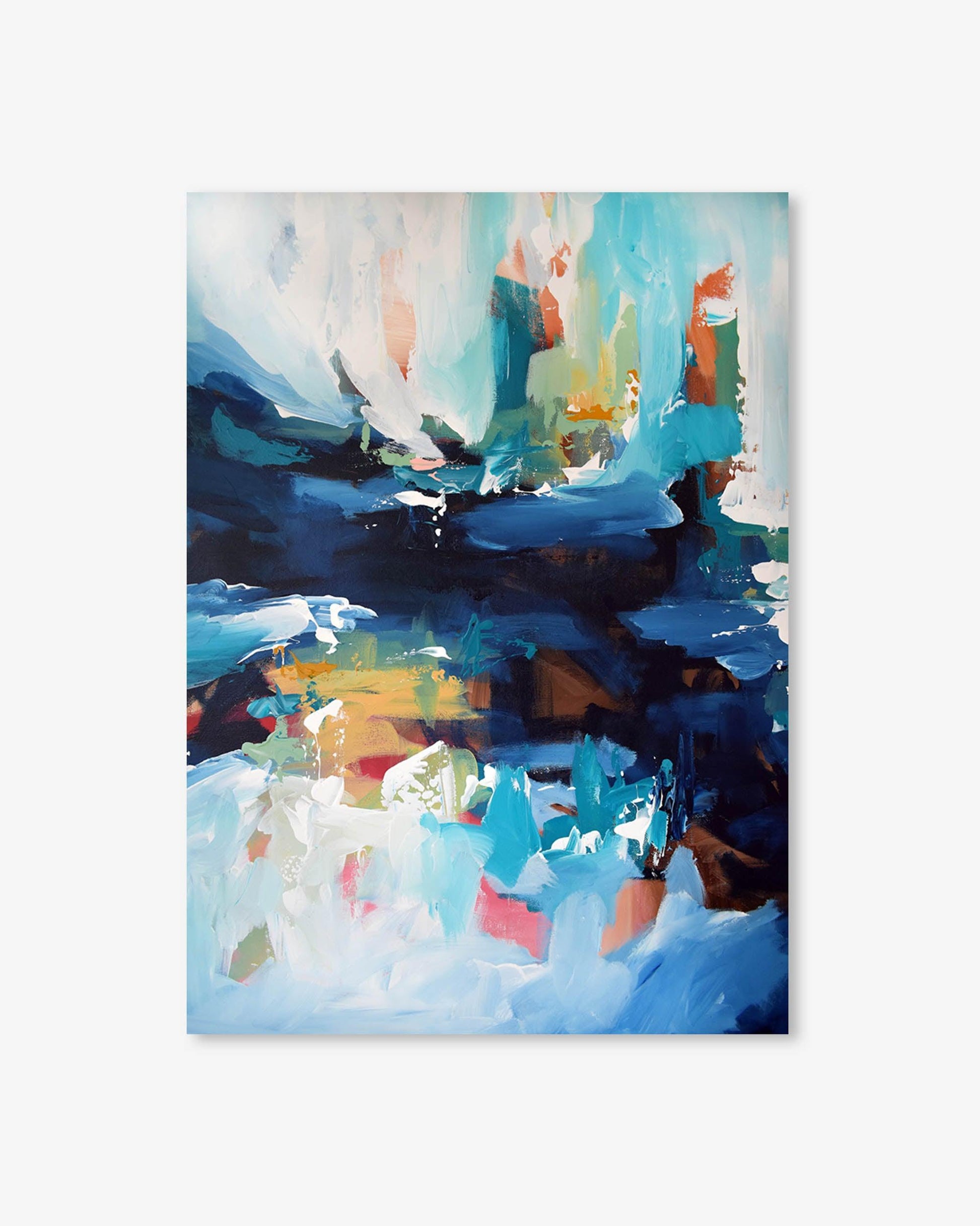 Abstract painting with a mix of blue, green, and orange colors on a white background