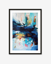 Framed abstract art print with colorful brush strokes on a white background