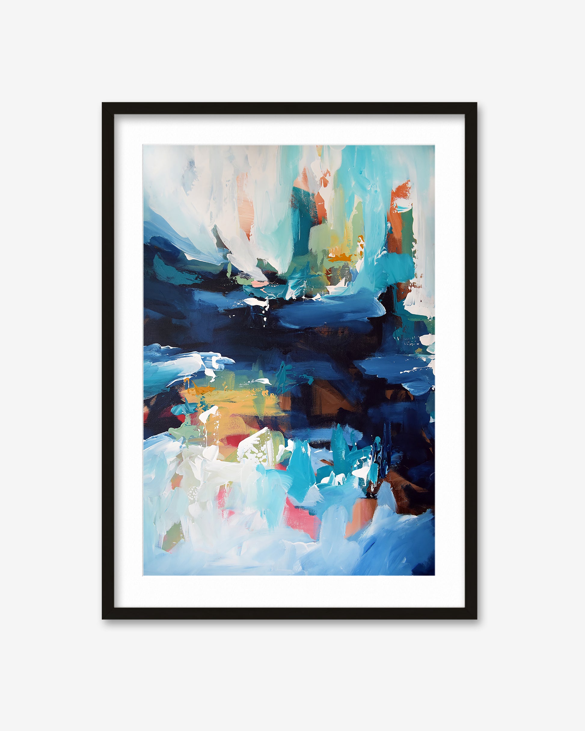 Framed abstract art print with colorful brush strokes on a white background