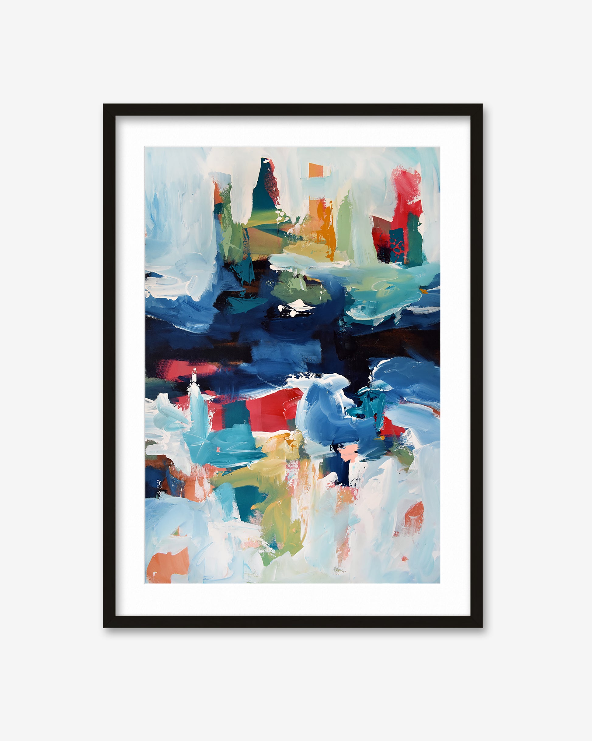 Framed abstract art print with colorful brush strokes on a white background
