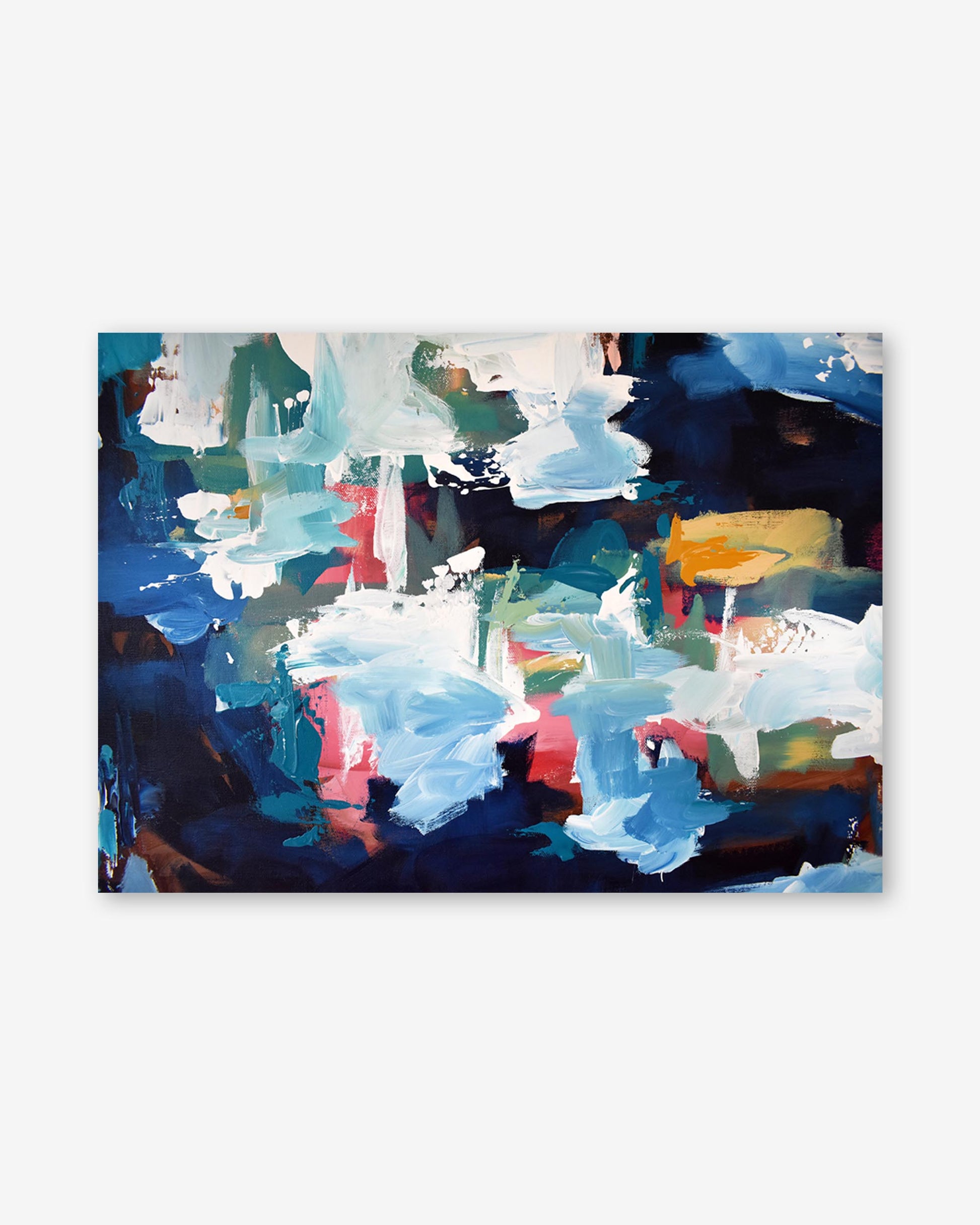 Abstract art print with a mix of blue, white, and multicolor brush strokes on a white background