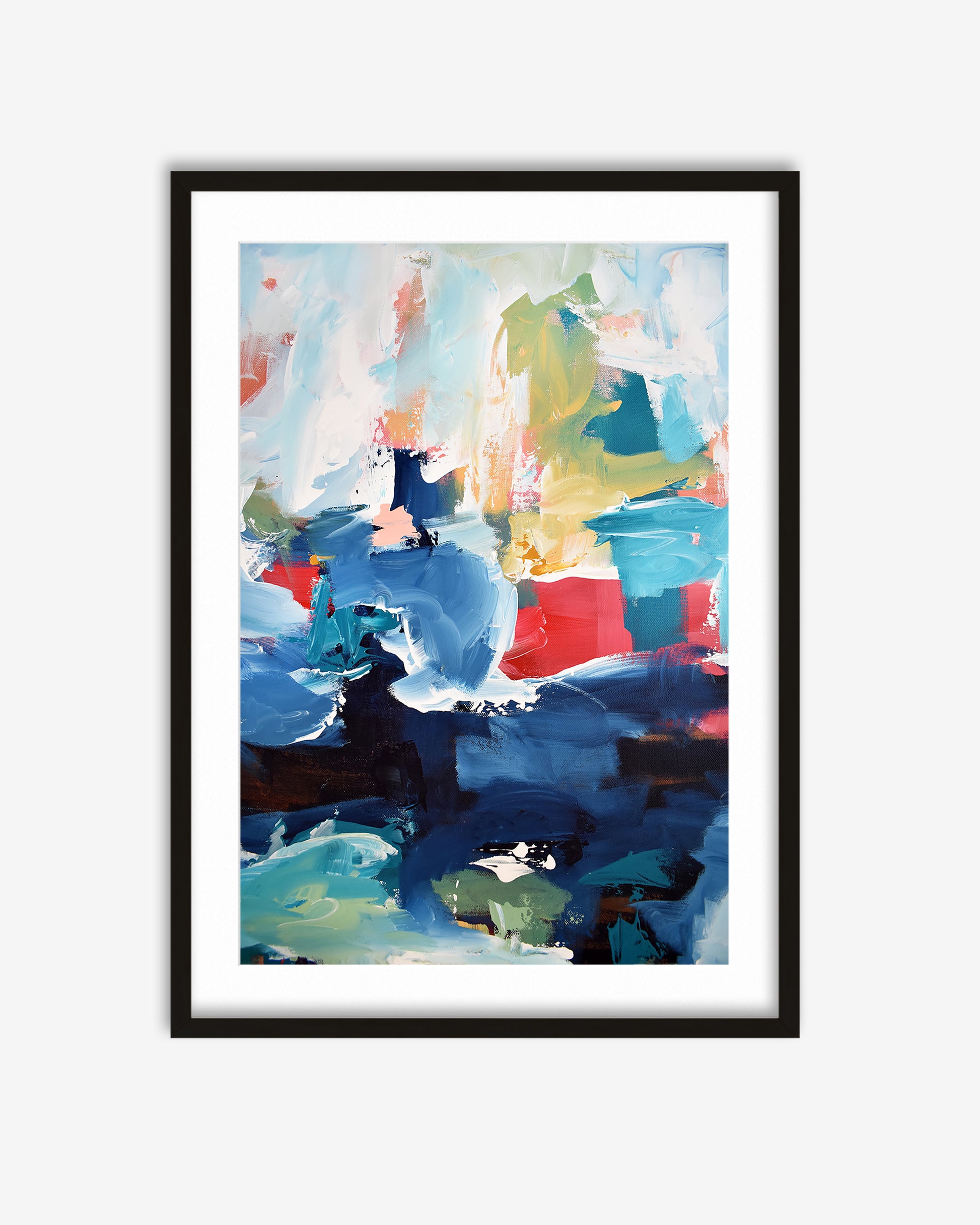 Framed abstract art print with colorful brush strokes on a white background