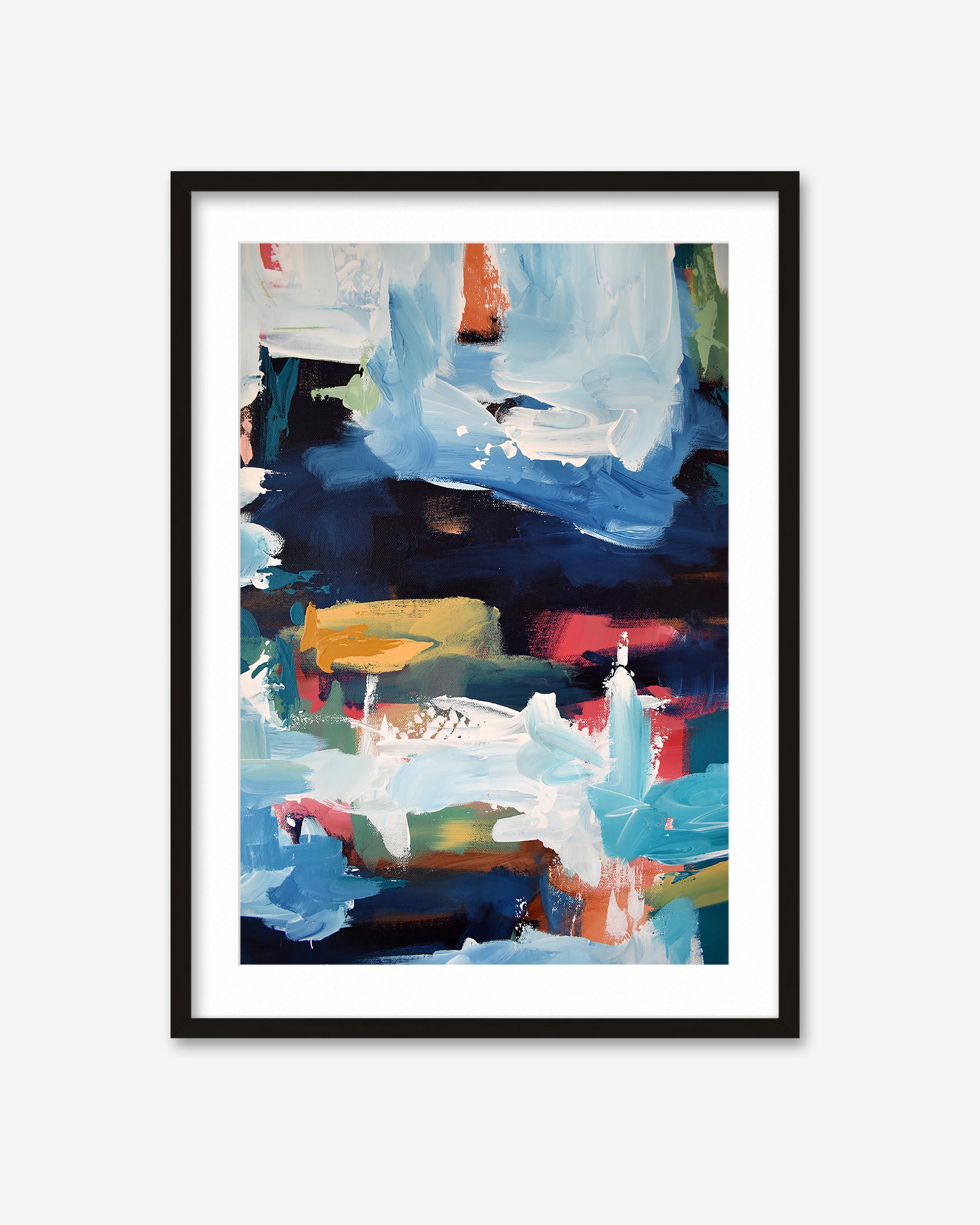 Framed abstract art print with colorful brush strokes on a white background