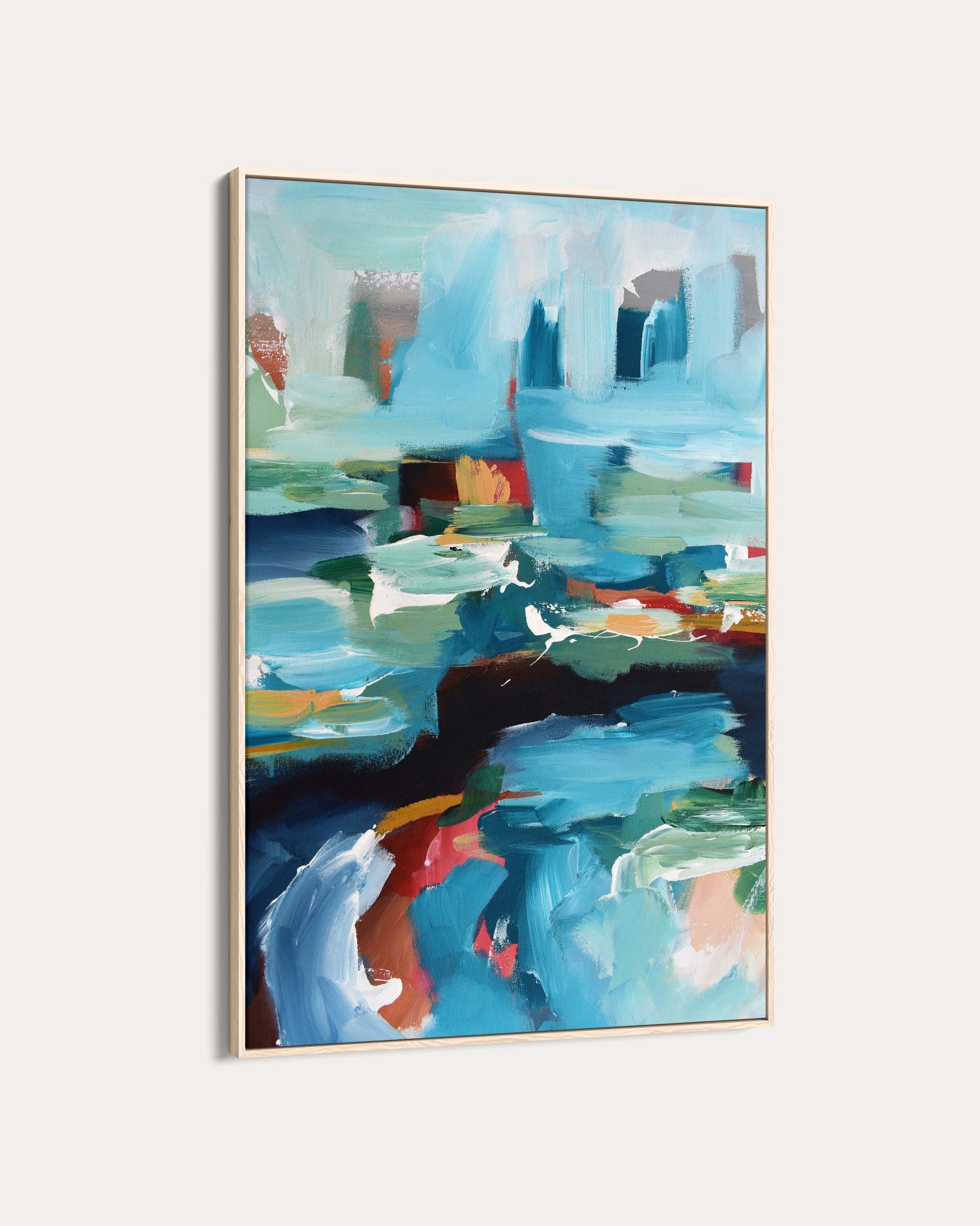 Abstract painting with blue and multicolor tones on a white background