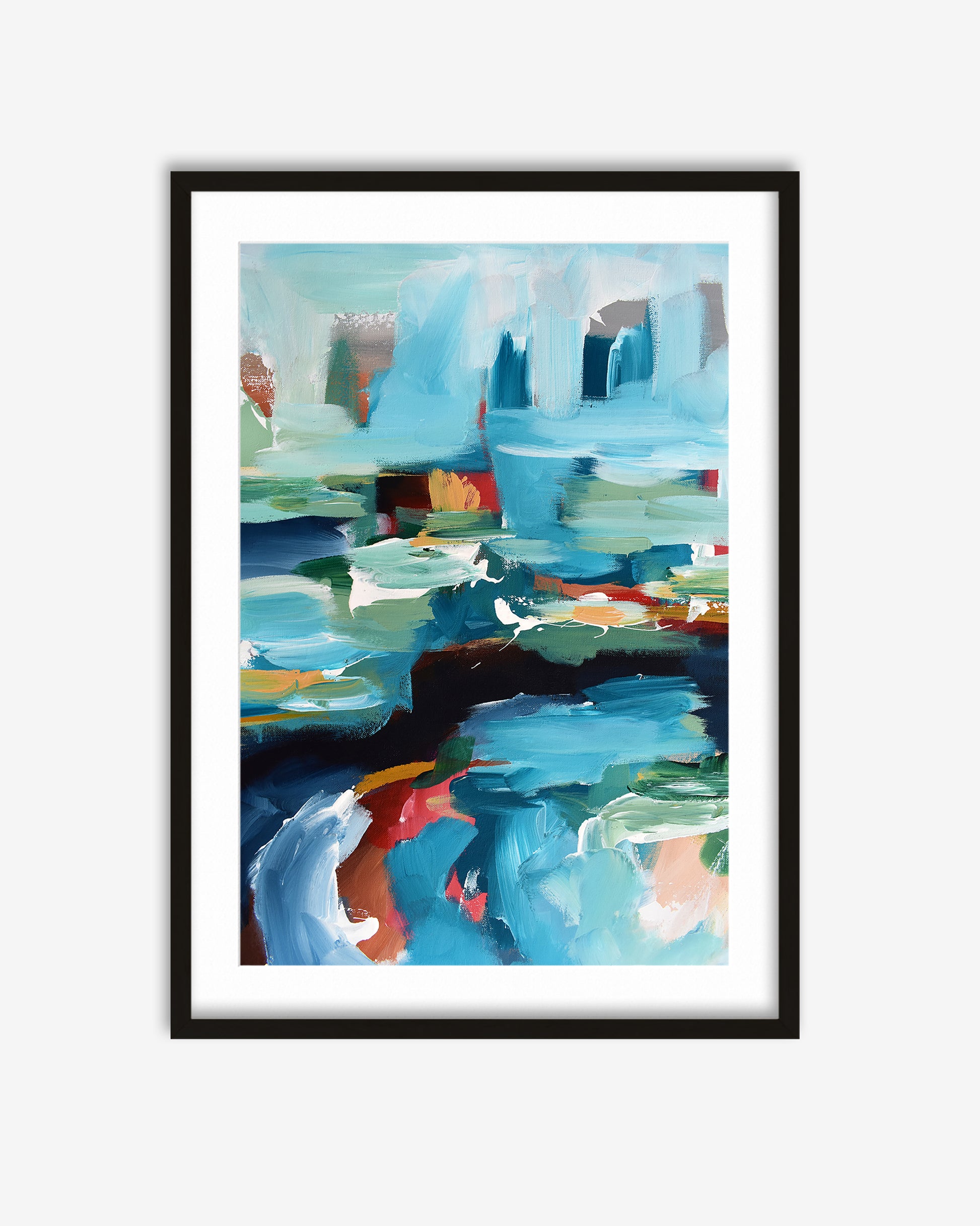 Framed abstract painting with blue and multicolor tones on a white background