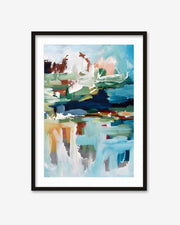 Framed abstract painting with colorful brush strokes on a white background