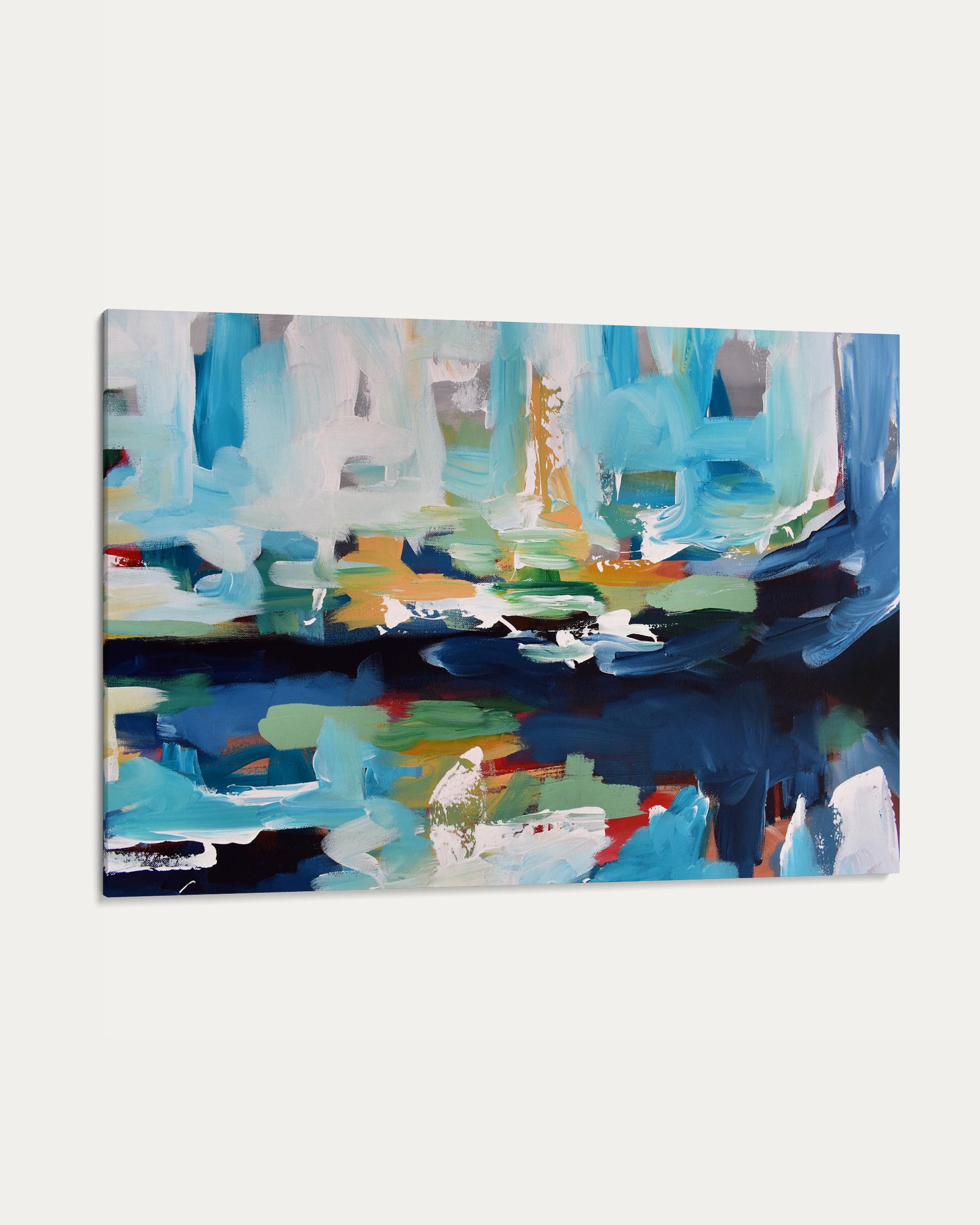 Abstract art print with blue, green, and multicolor abstract design on a white background