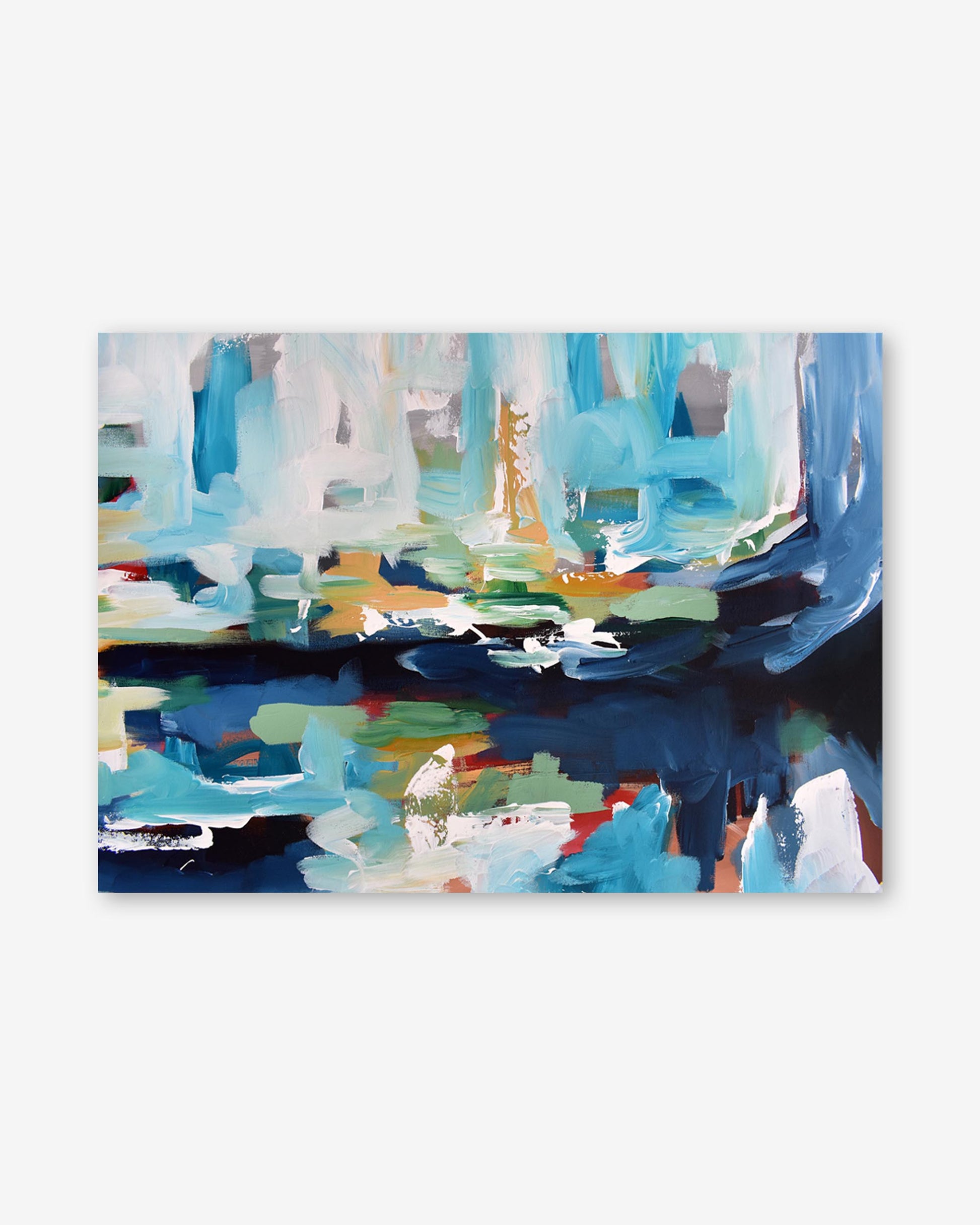 Abstract art print with blue, green, and white colors on a white background